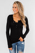 Snap Button Henley Top- Black