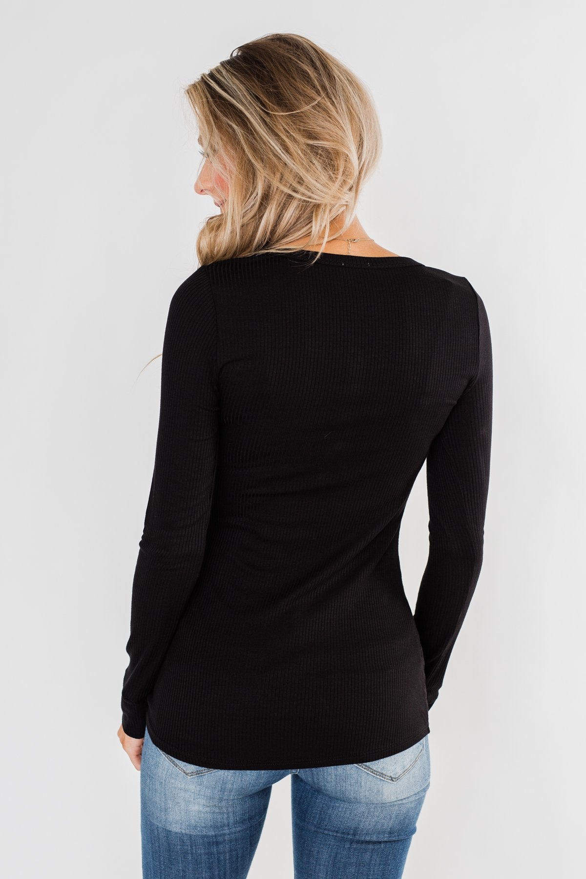 Snap Button Henley Top- Black