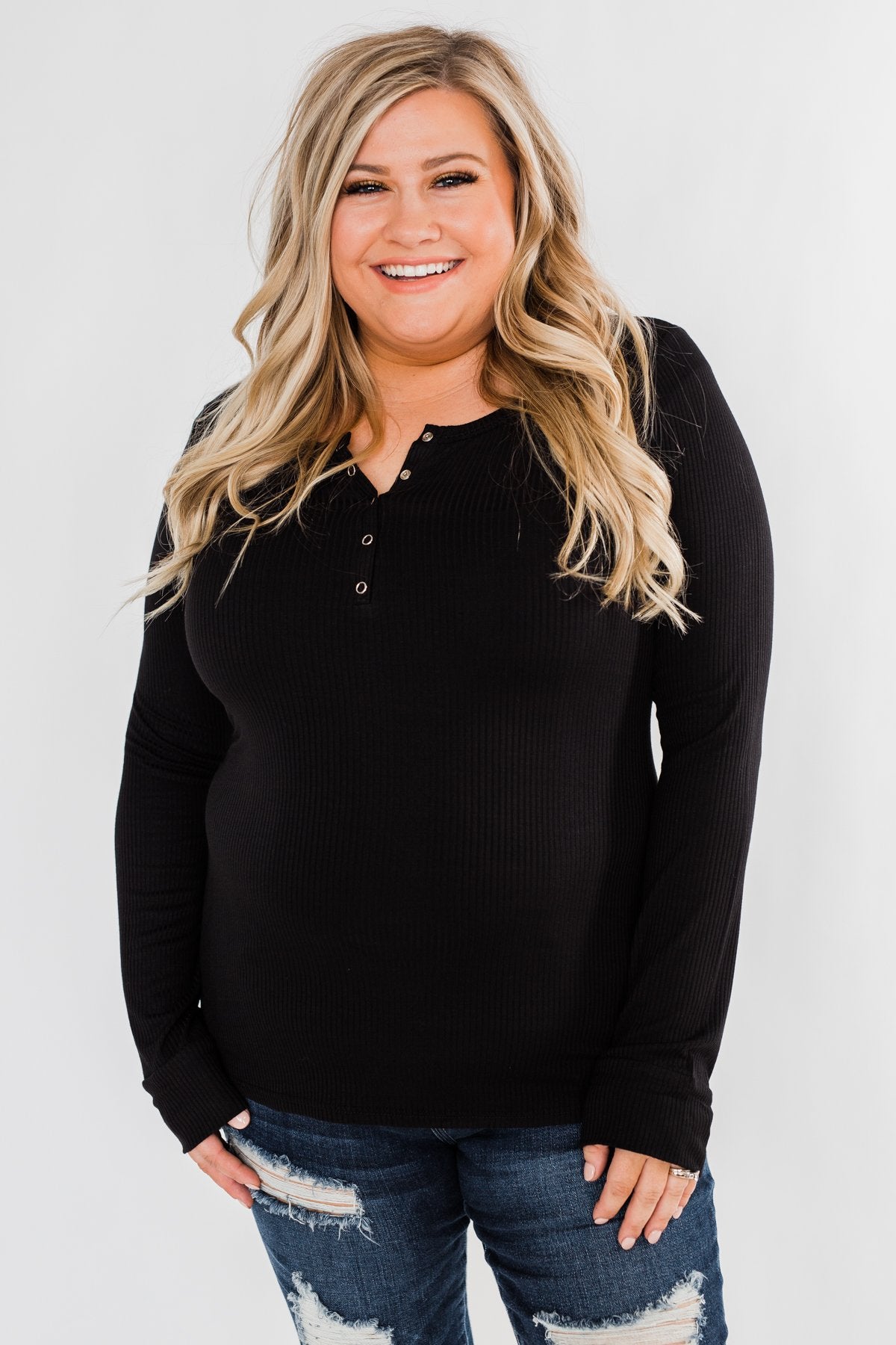 Snap Button Henley Top- Black
