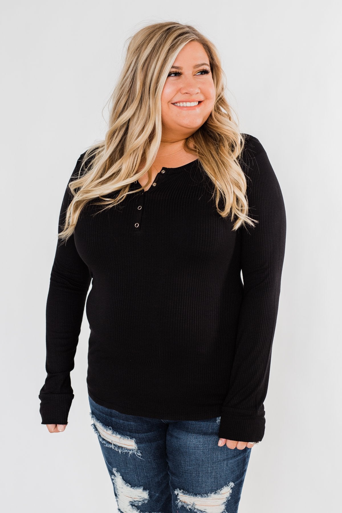 Snap Button Henley Top- Black