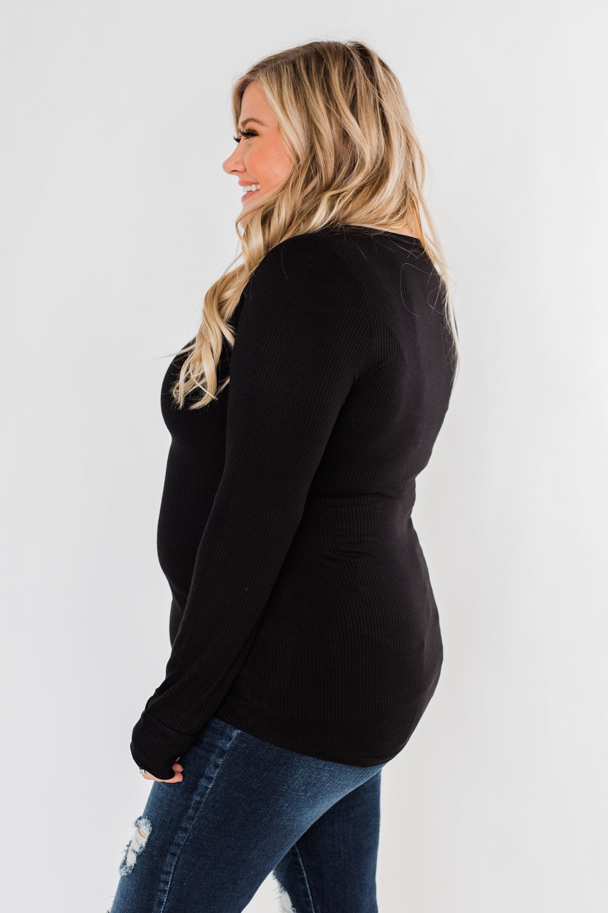 Snap Button Henley Top- Black