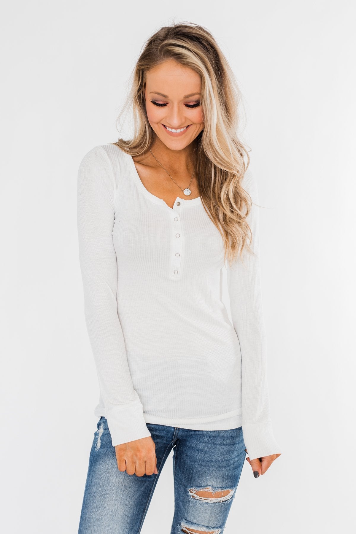 Snap Button Henley Top- Ivory