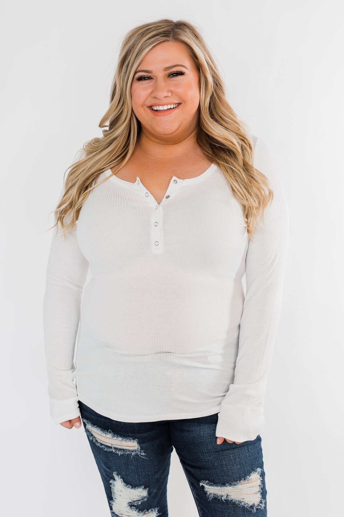Snap Button Henley Top- Ivory