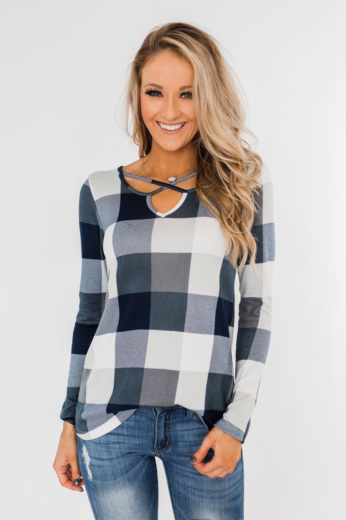 Dreaming About You Plaid Top- Navy & Ivory