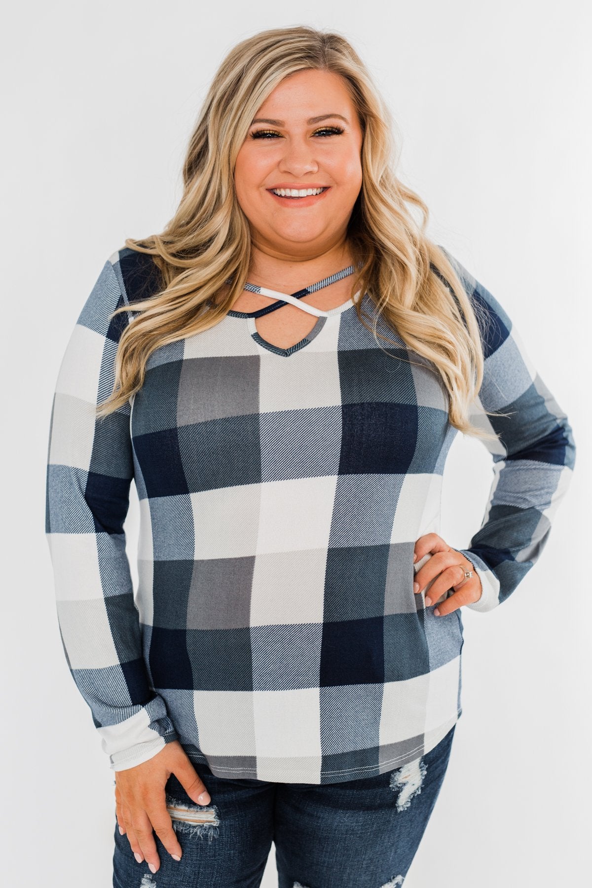 Dreaming About You Plaid Top- Navy & Ivory