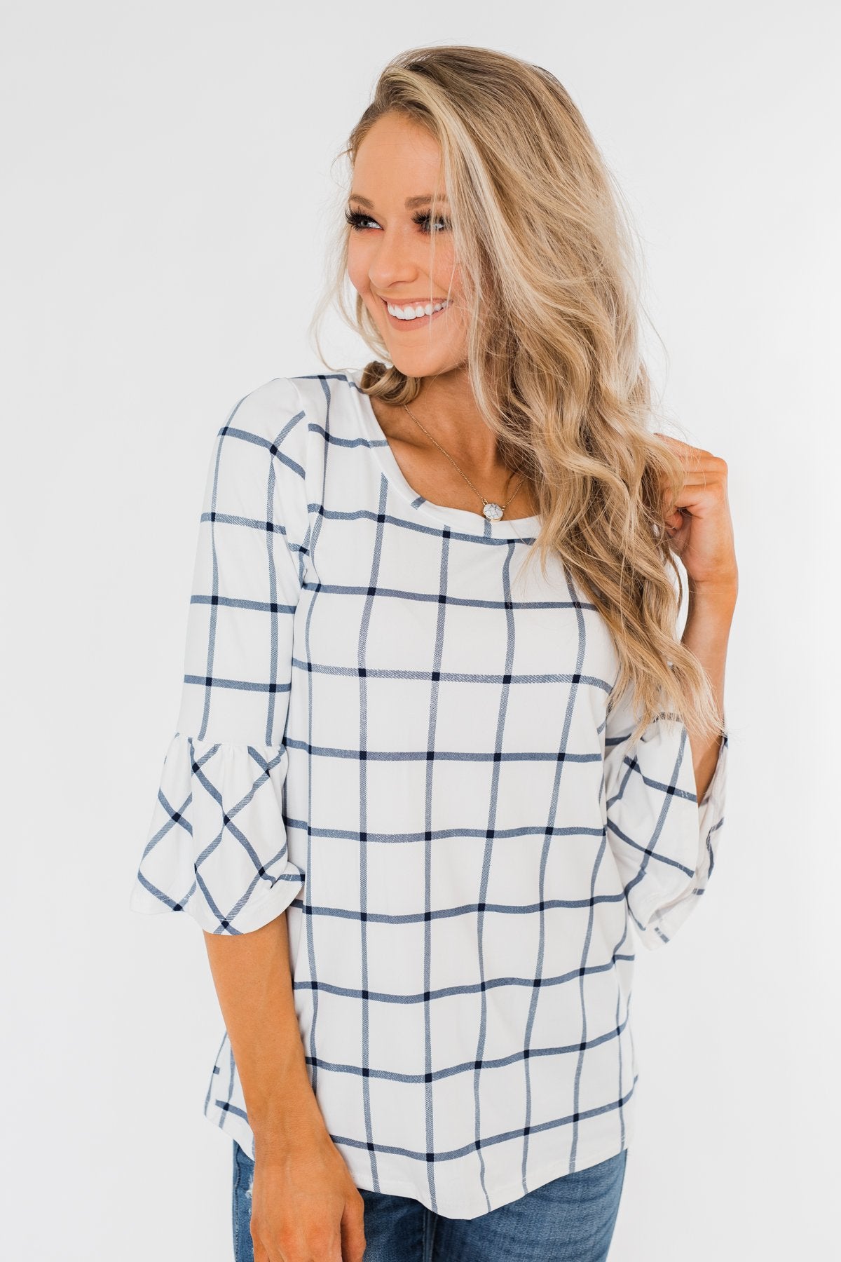 Everything I Need Plaid Top- Ivory & Blue