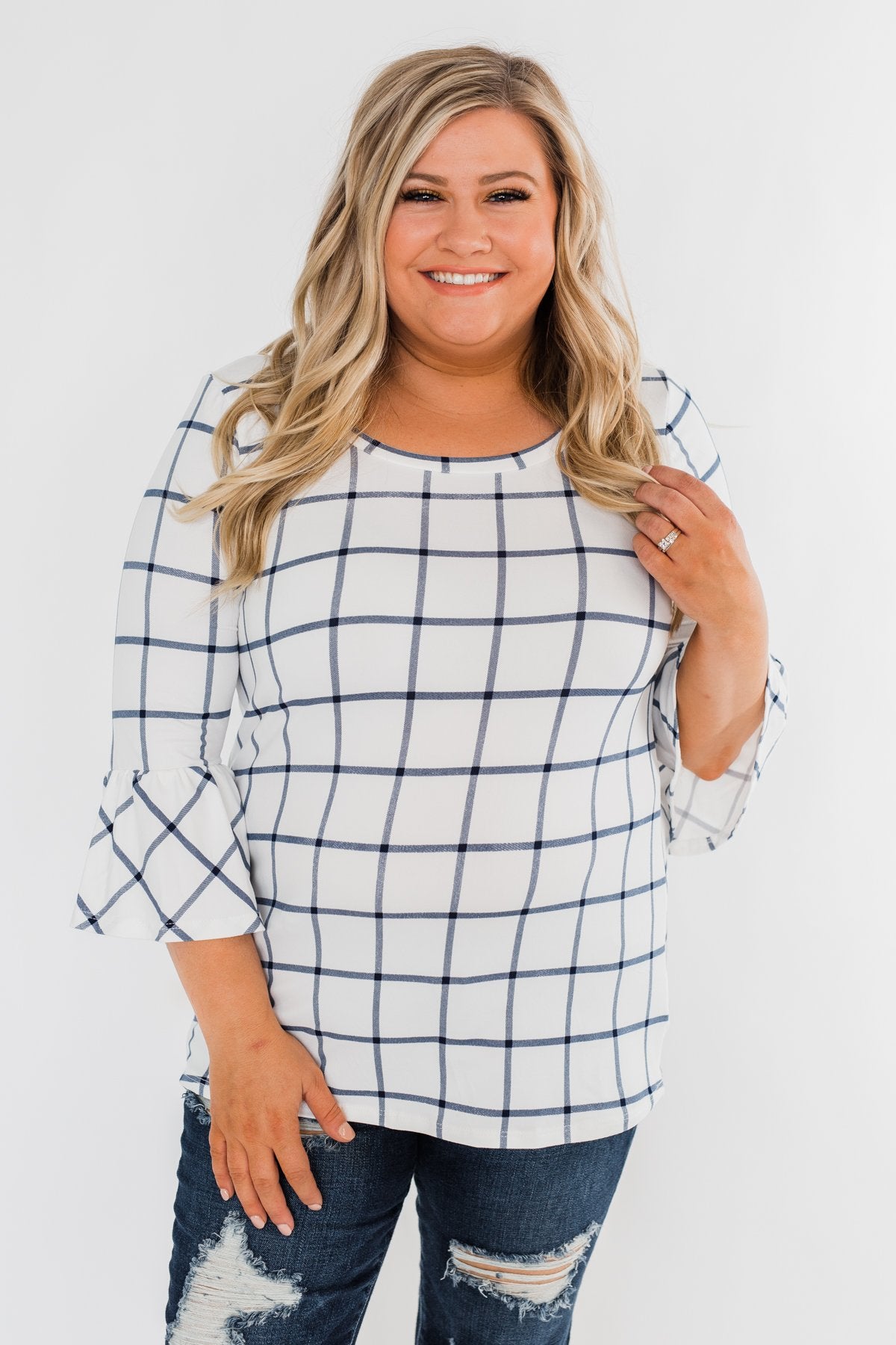 Everything I Need Plaid Top- Ivory & Blue