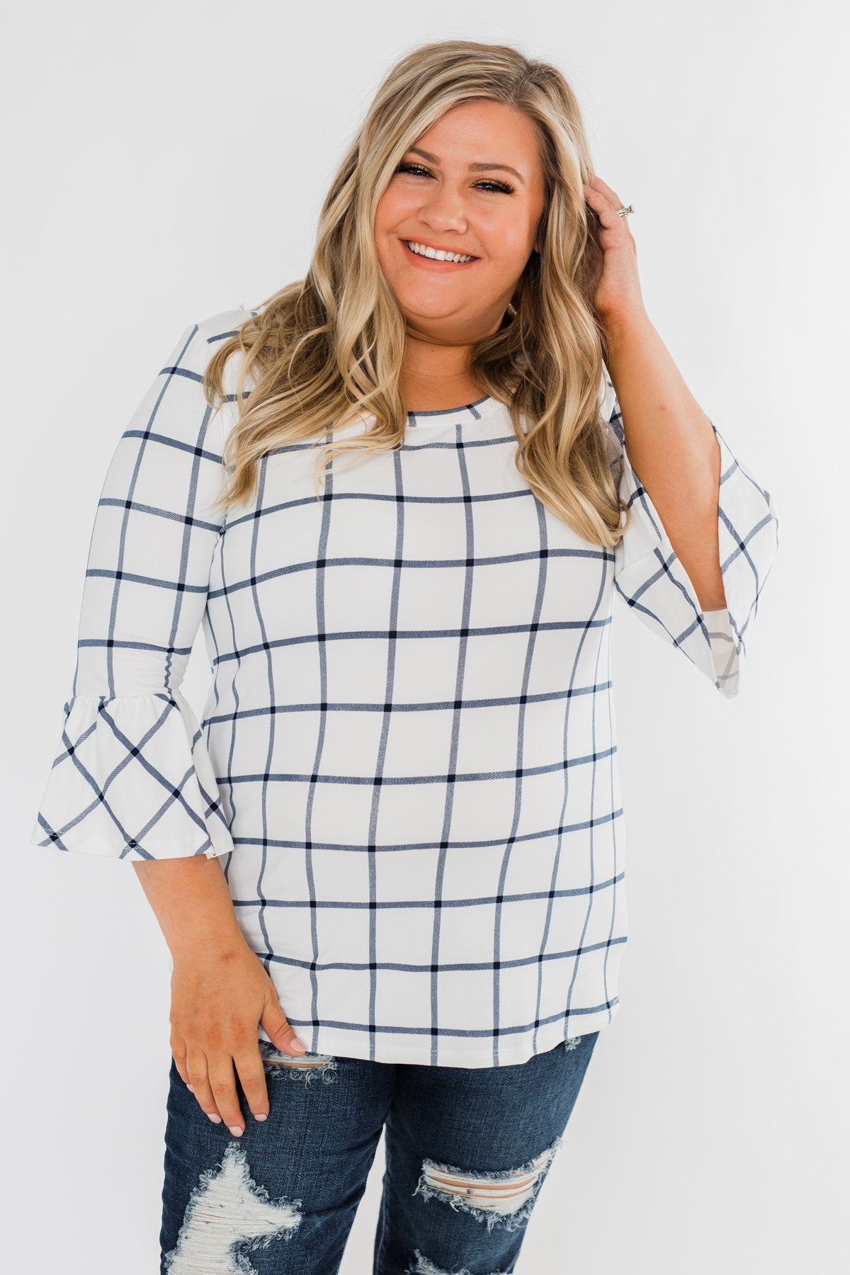 Everything I Need Plaid Top- Ivory & Blue