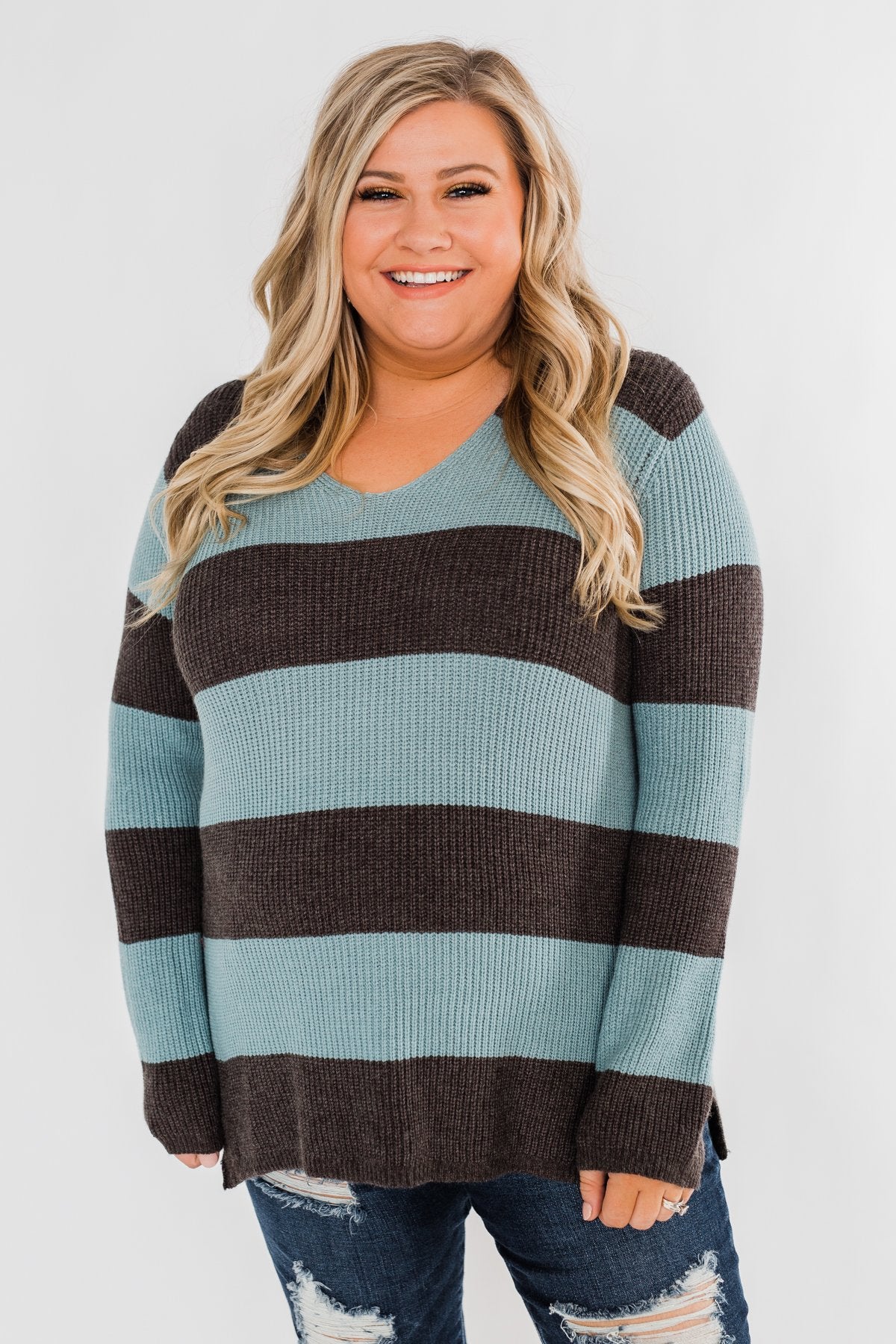 Striped Knit Sweater- Blue & Charcoal