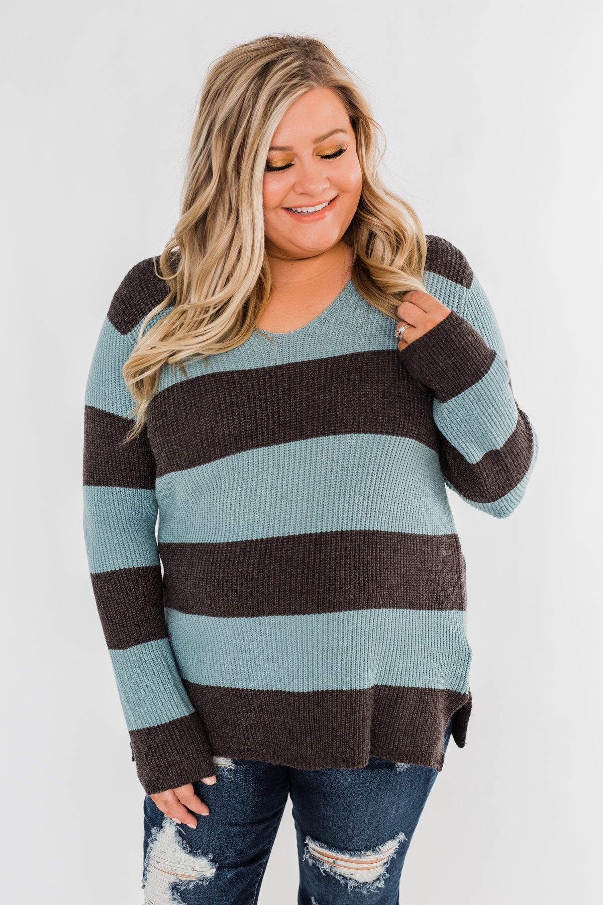 Striped Knit Sweater- Blue & Charcoal
