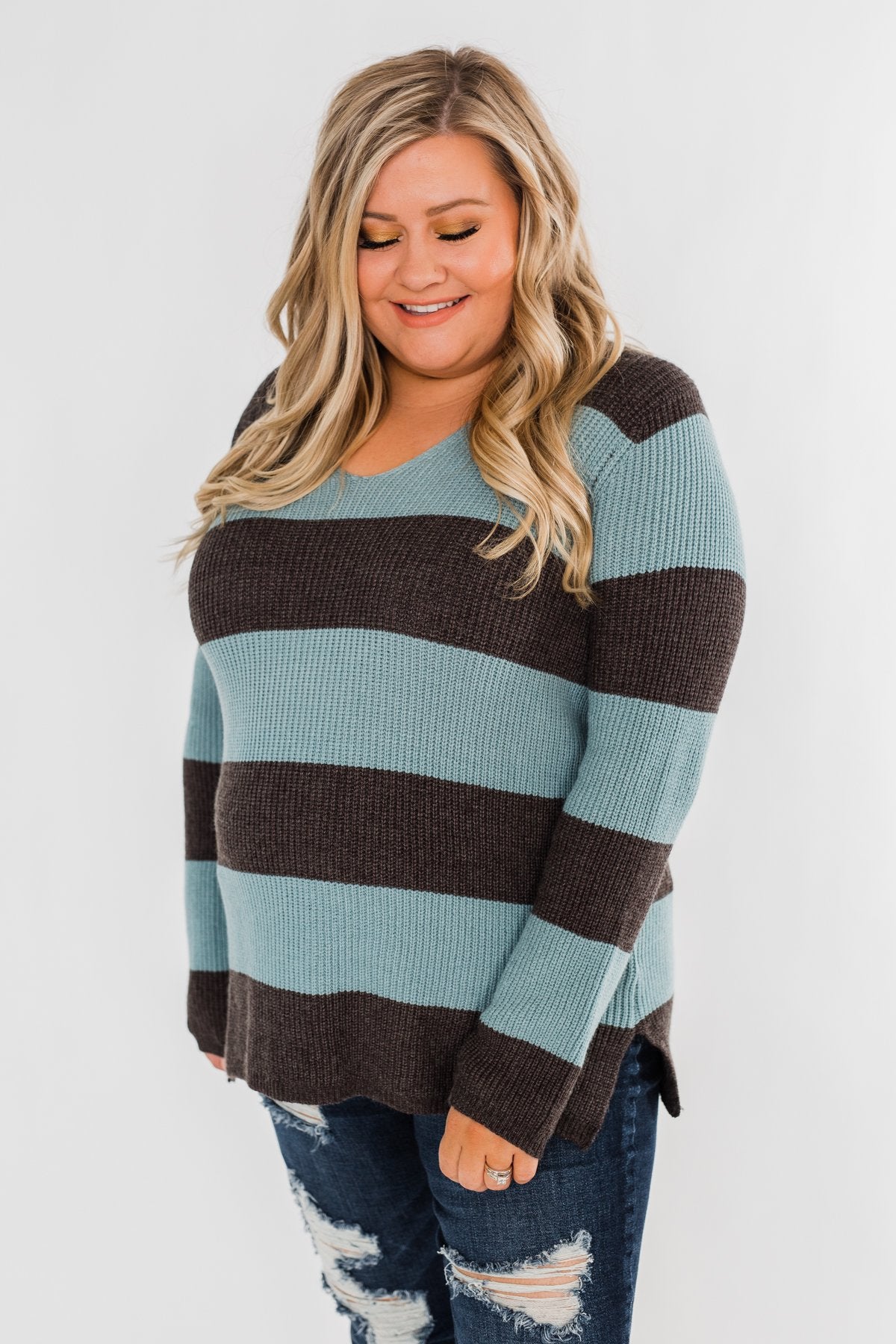 Striped Knit Sweater- Blue & Charcoal