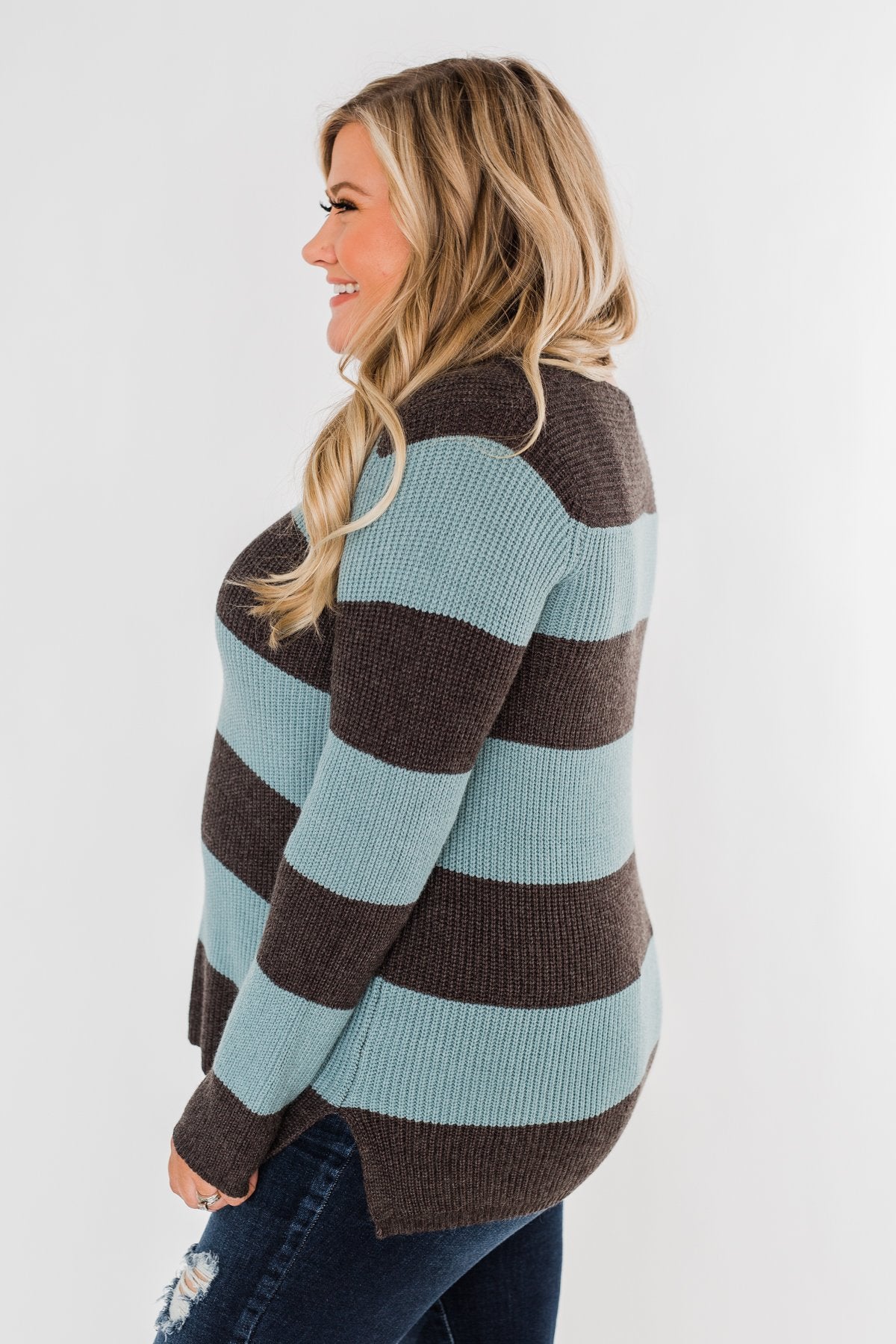 Striped Knit Sweater- Blue & Charcoal