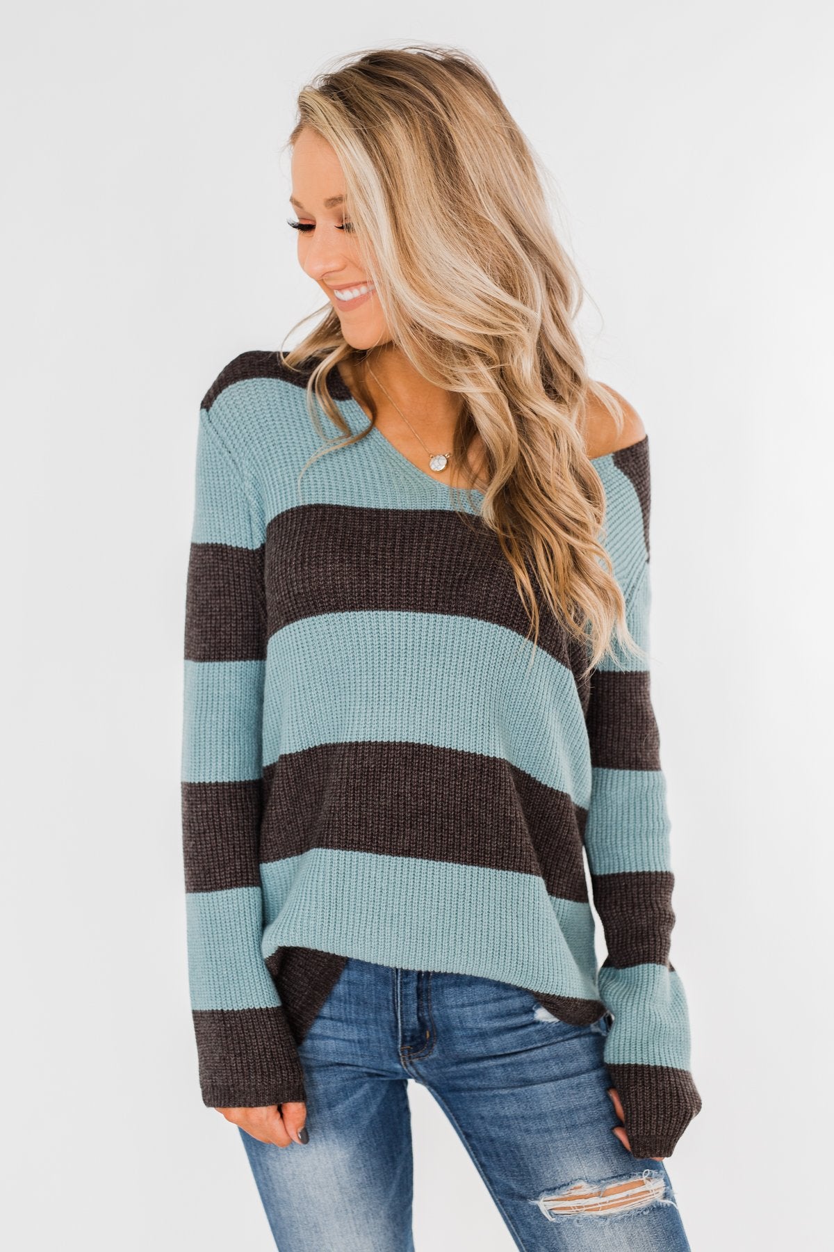 Striped Knit Sweater- Blue & Charcoal