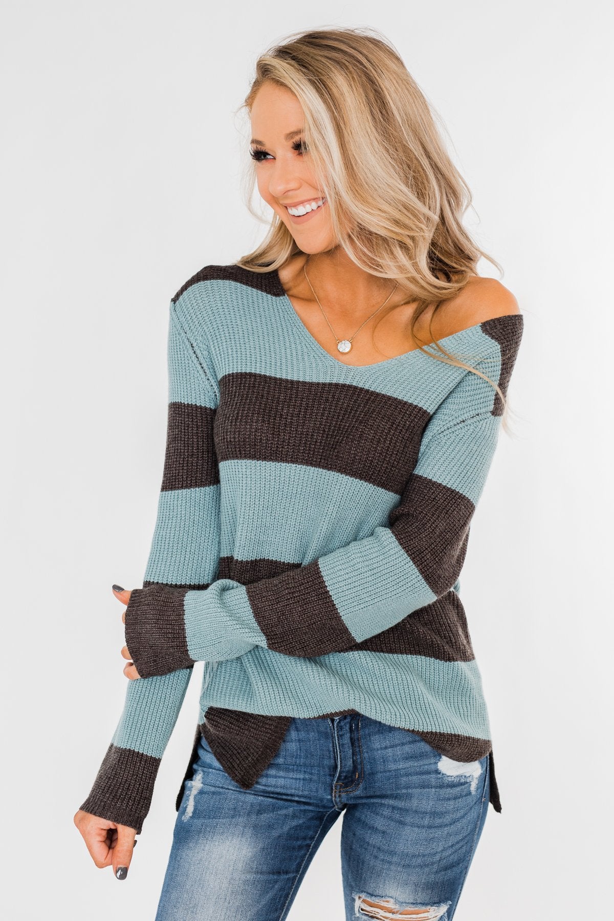 Striped Knit Sweater- Blue & Charcoal