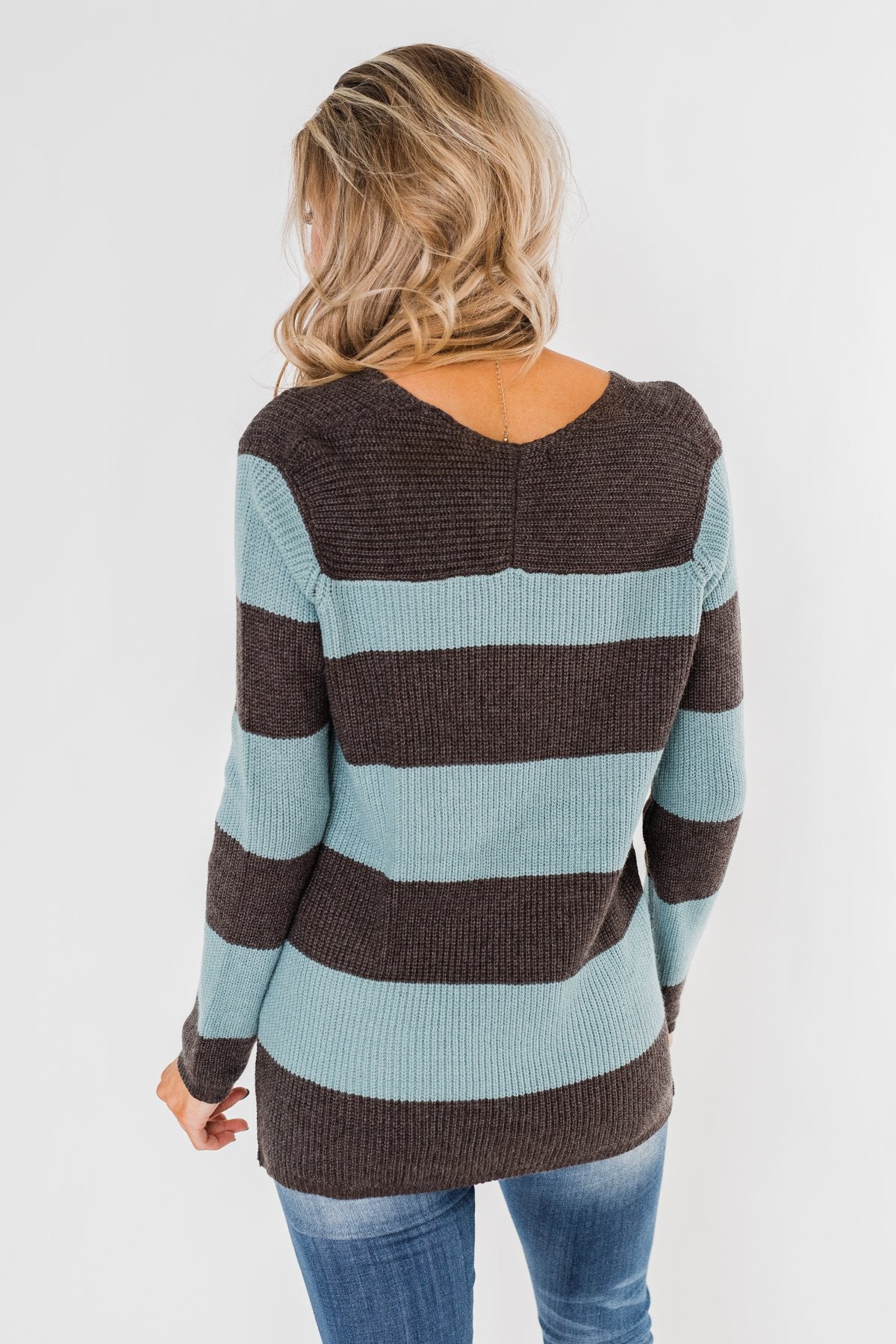 Striped Knit Sweater- Blue & Charcoal