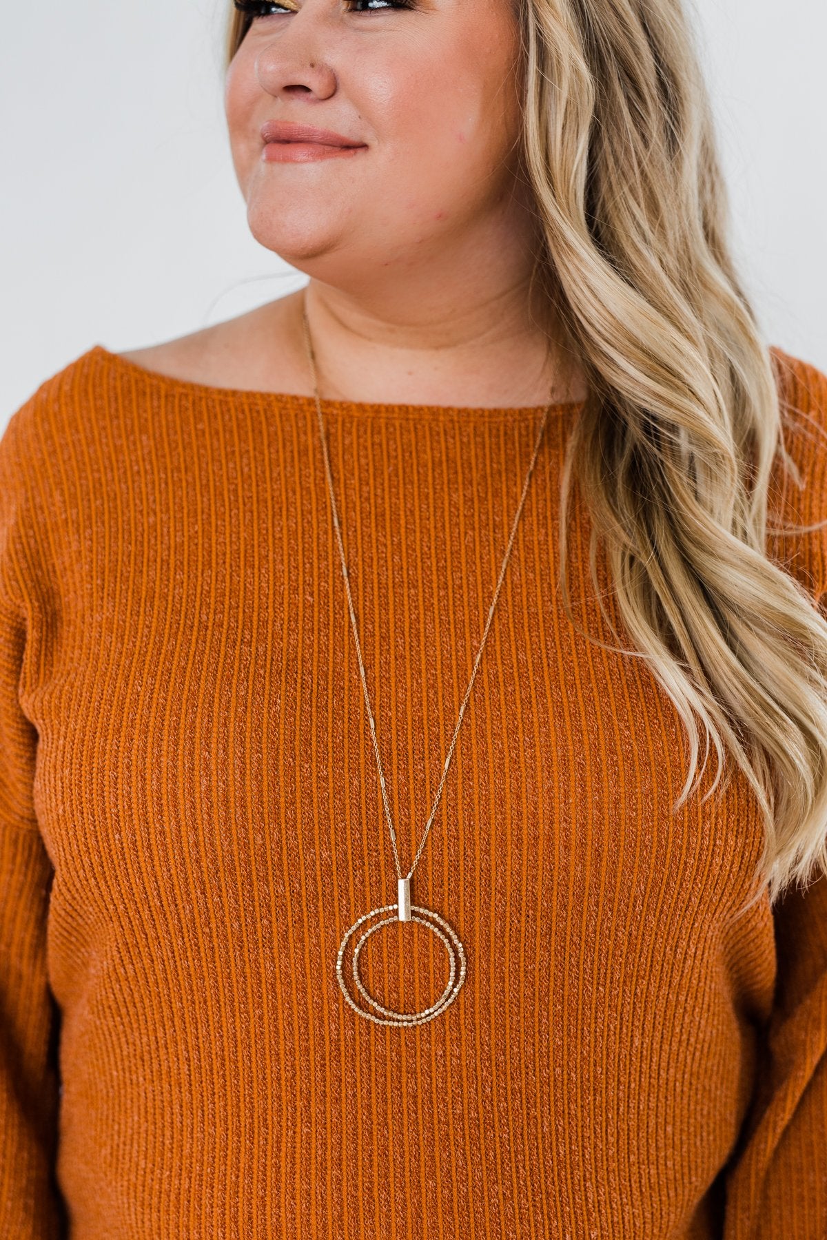 Long Beaded Double Circle Necklace- Gold