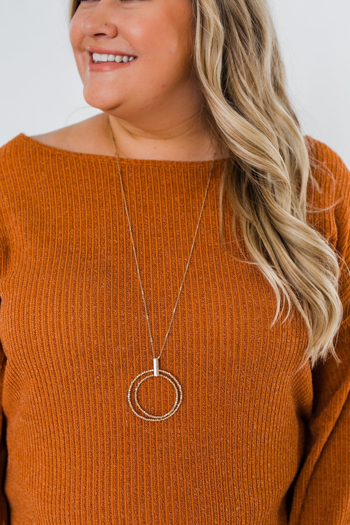 Long Beaded Double Circle Necklace- Gold