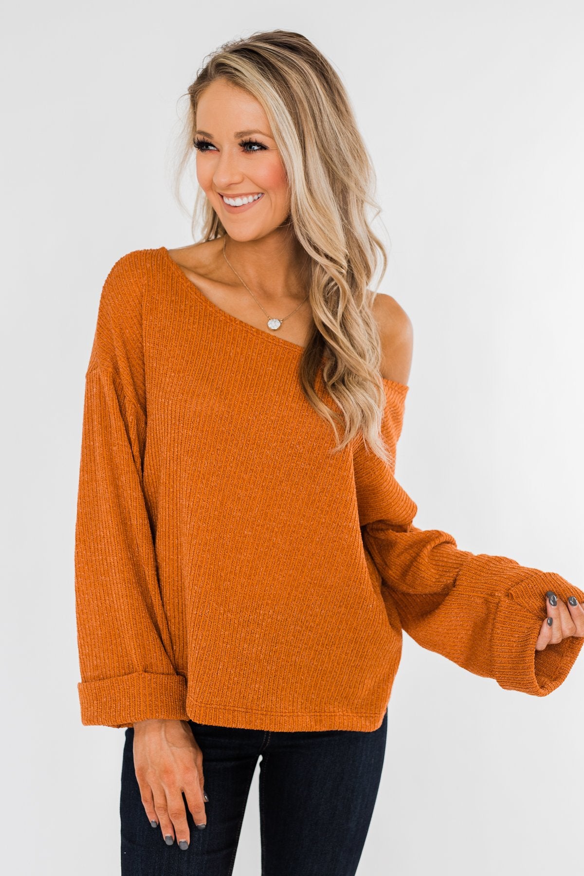 Burnt orange off hotsell the shoulder sweater