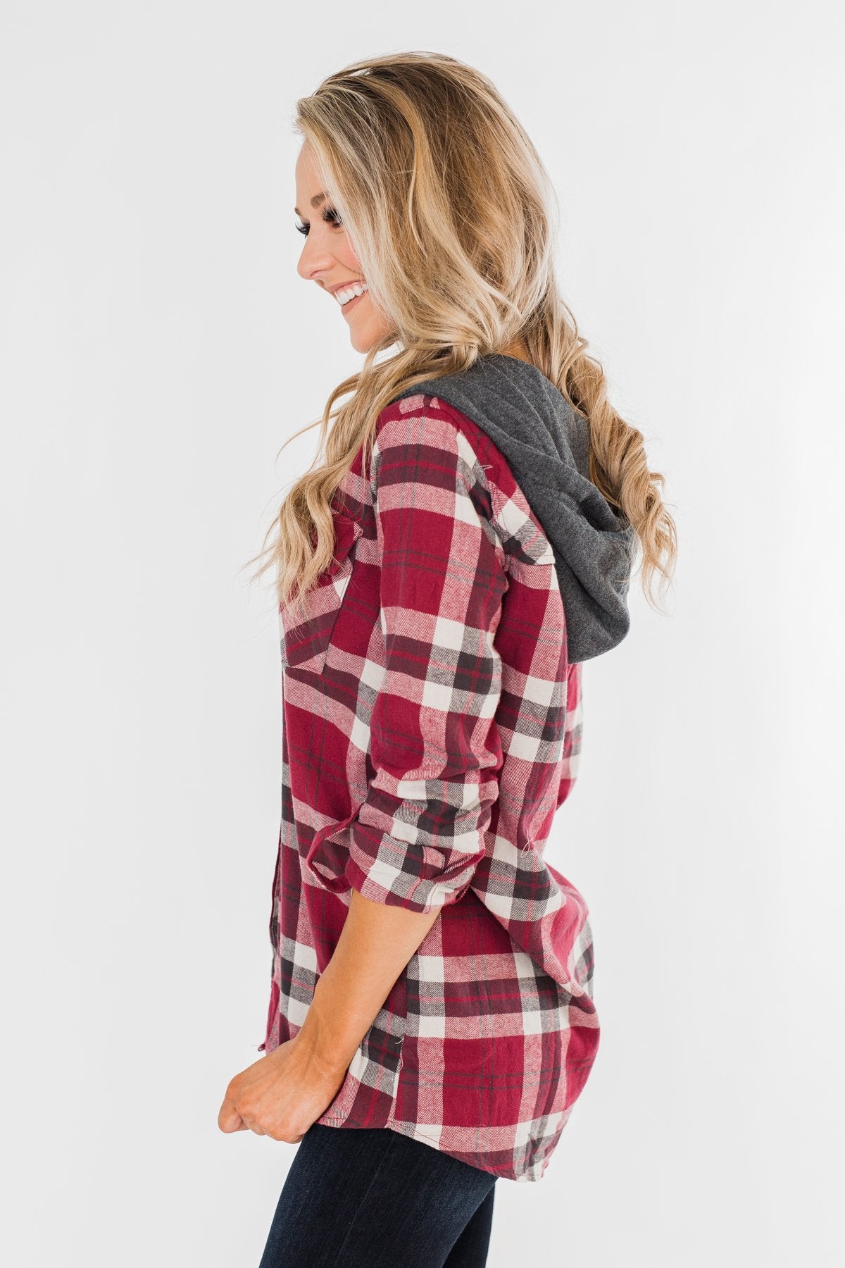 So Long To You Plaid Hooded Top- Dark Berry