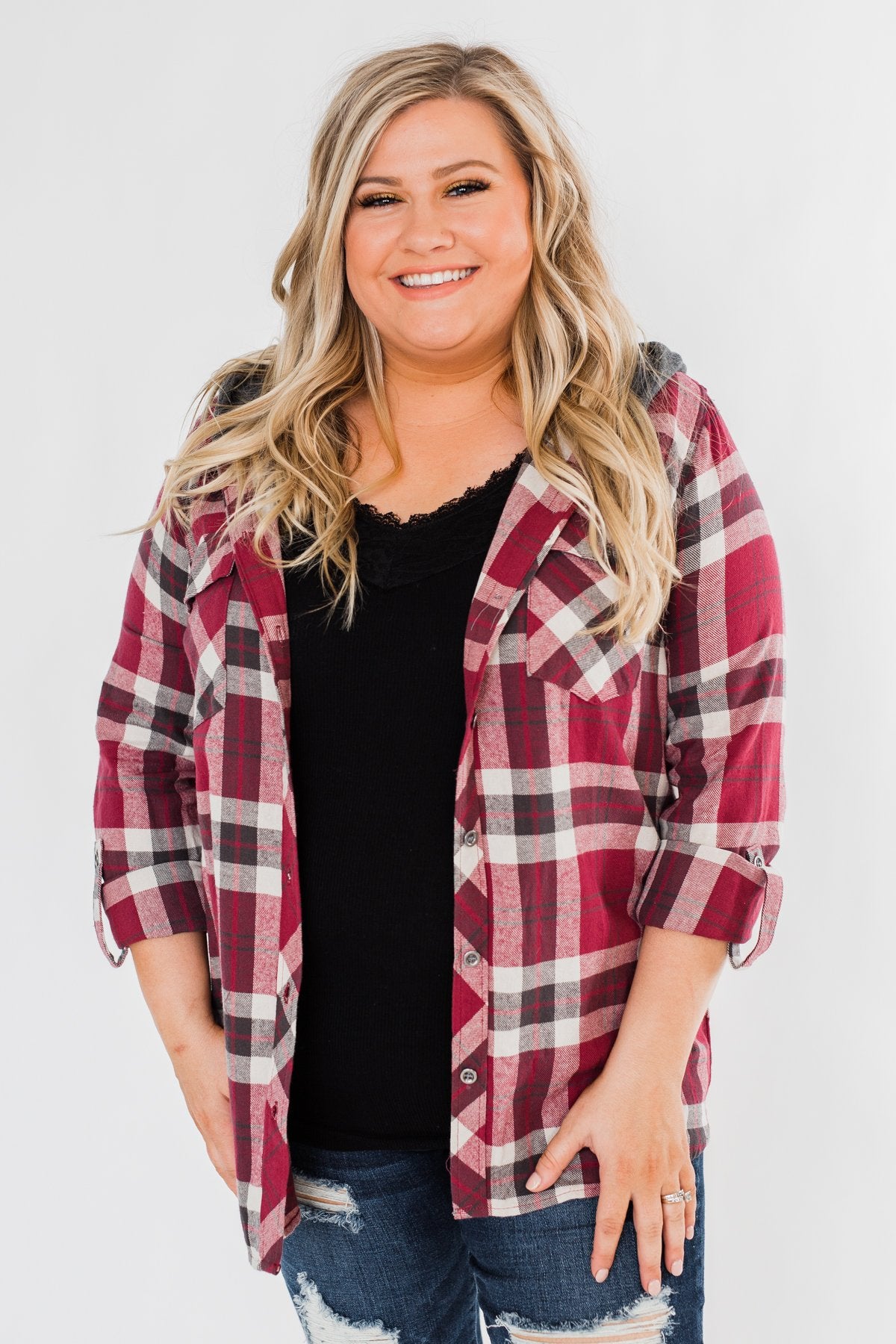 So Long To You Plaid Hooded Top- Dark Berry