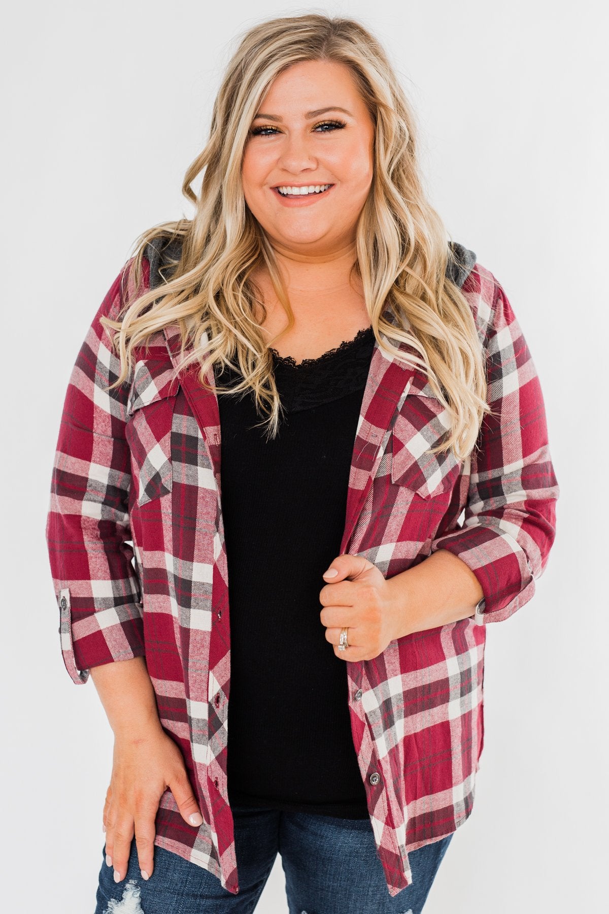So Long To You Plaid Hooded Top- Dark Berry
