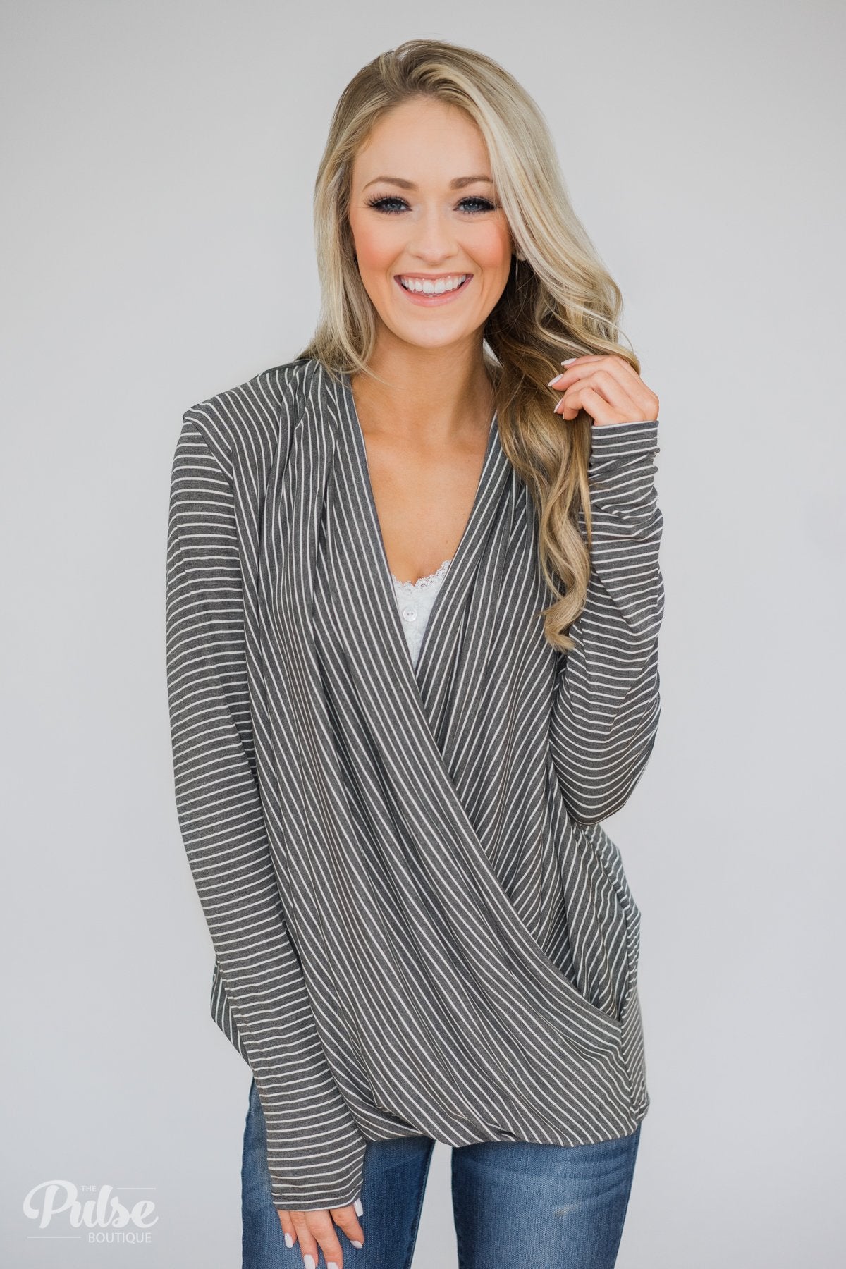 Wrap It Up Long Sleeve Striped Top- Charcoal Grey