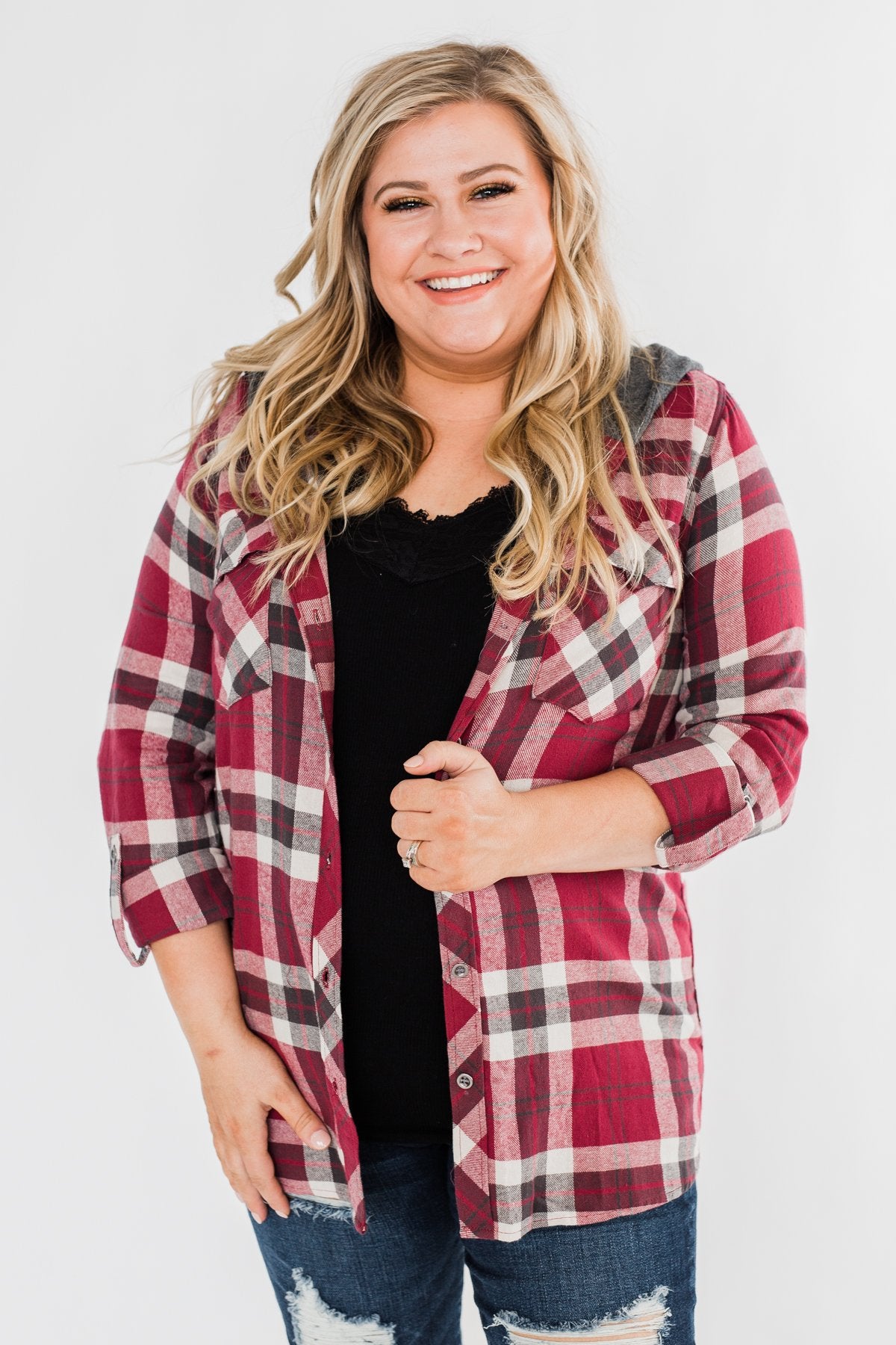 So Long To You Plaid Hooded Top- Dark Berry