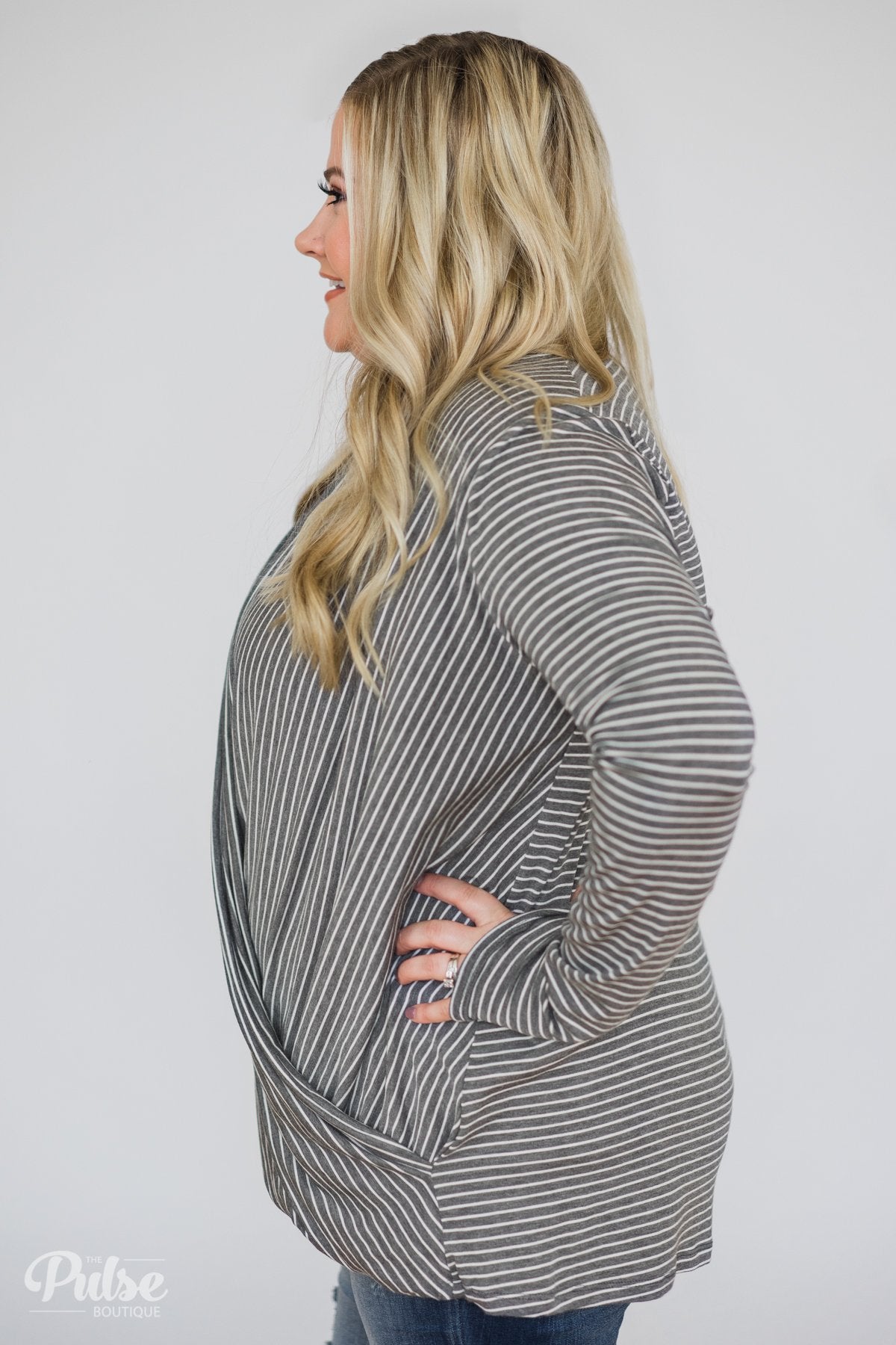 Wrap It Up Long Sleeve Striped Top- Charcoal Grey
