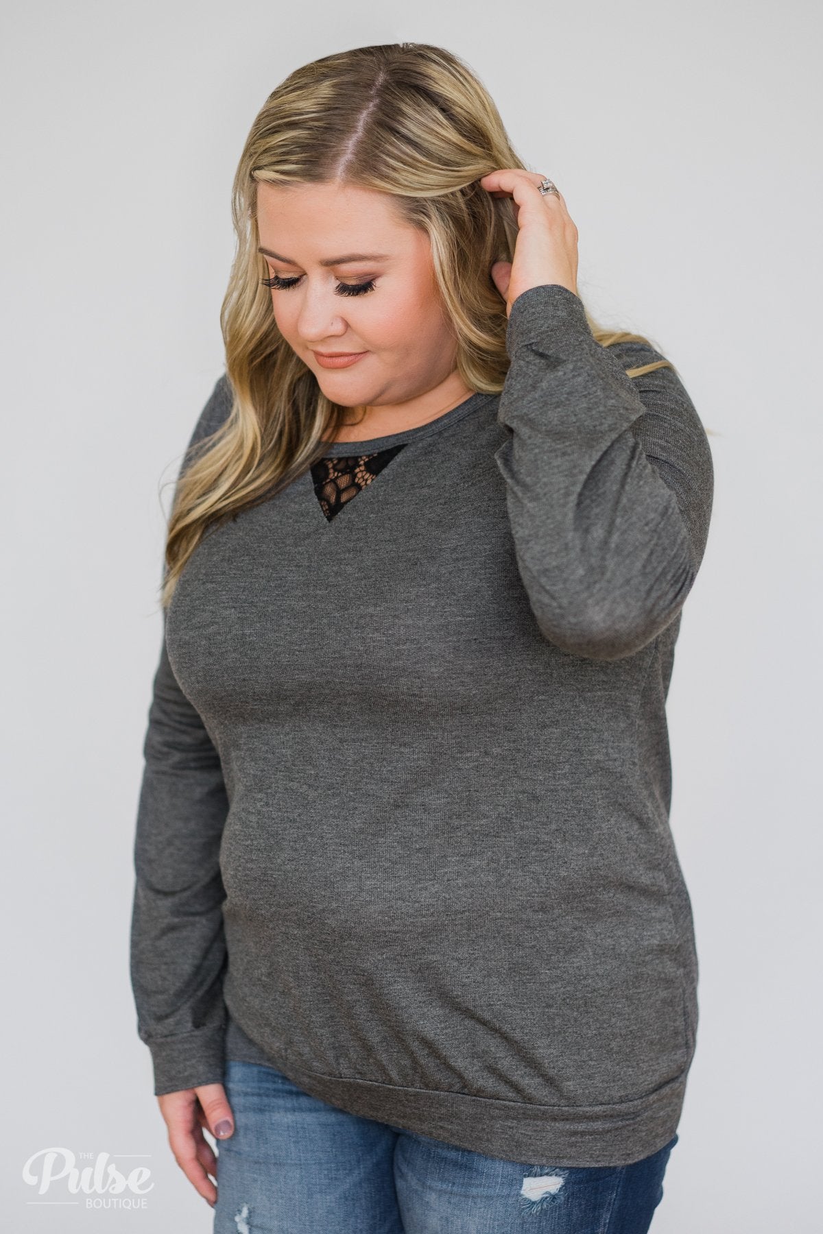 Trace of Lace Long Sleeve Top- Charcoal