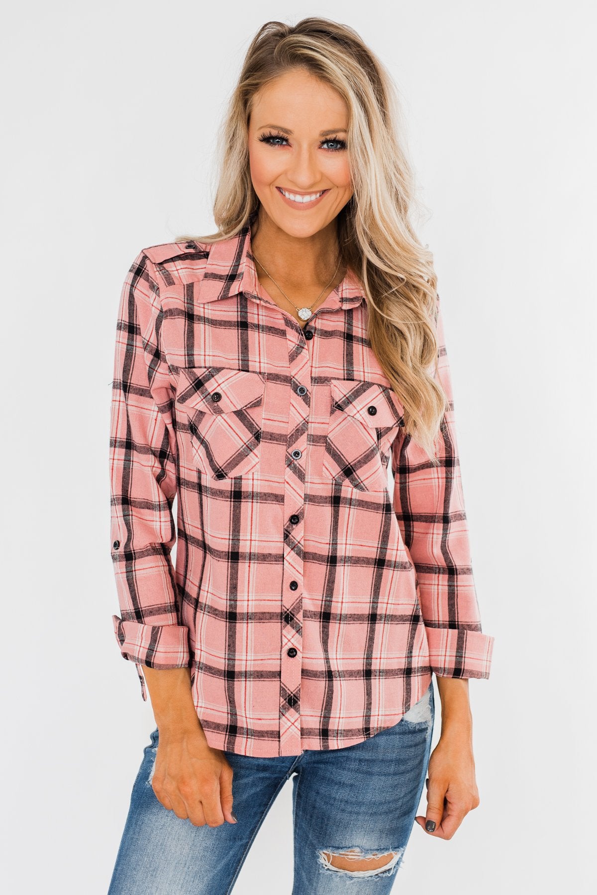 I've Been Told Long Sleeve Plaid Top- Light Pink
