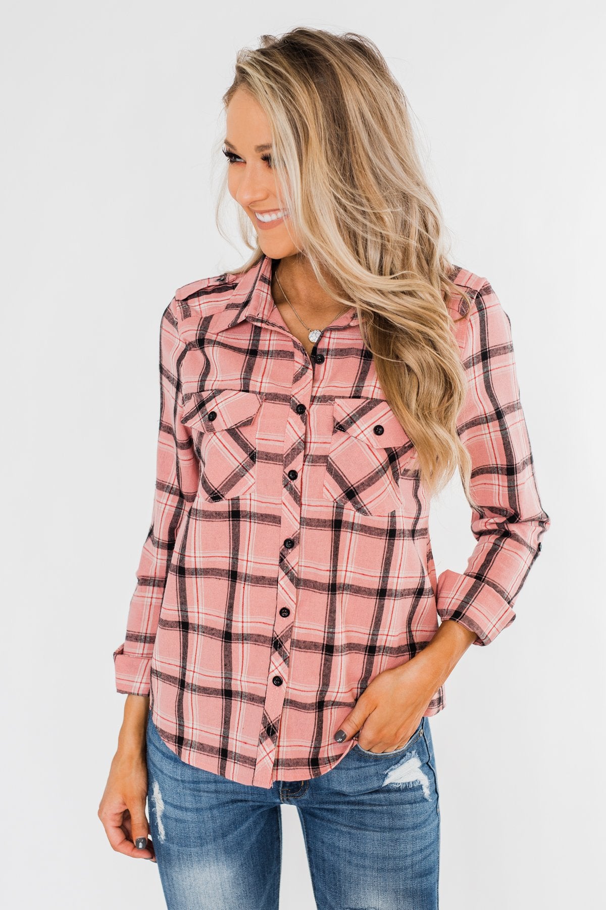 I've Been Told Long Sleeve Plaid Top- Light Pink