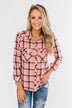 I've Been Told Long Sleeve Plaid Top- Light Pink