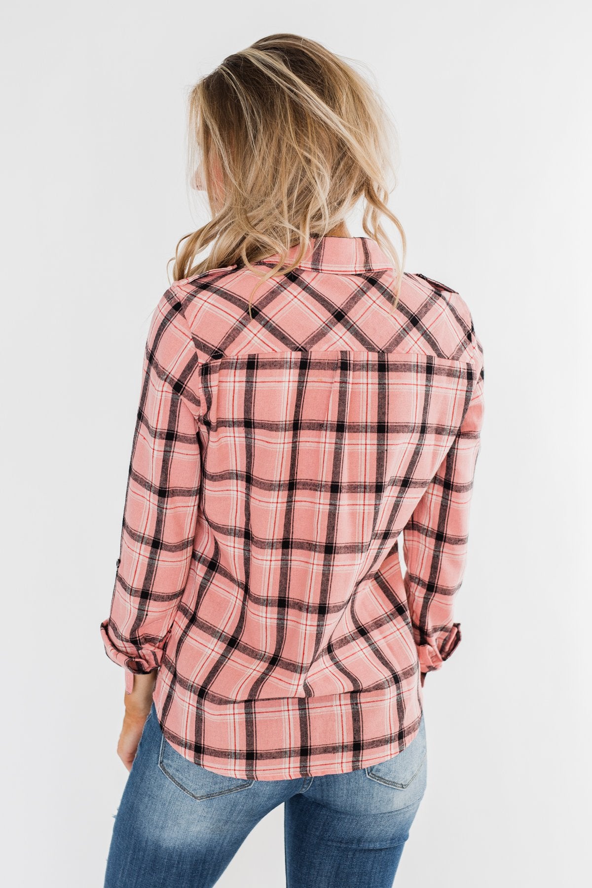 I've Been Told Long Sleeve Plaid Top- Light Pink