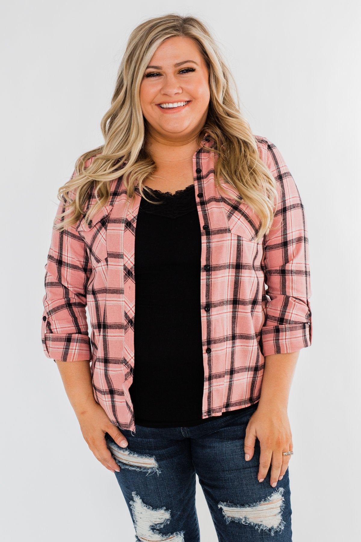 I've Been Told Long Sleeve Plaid Top- Light Pink