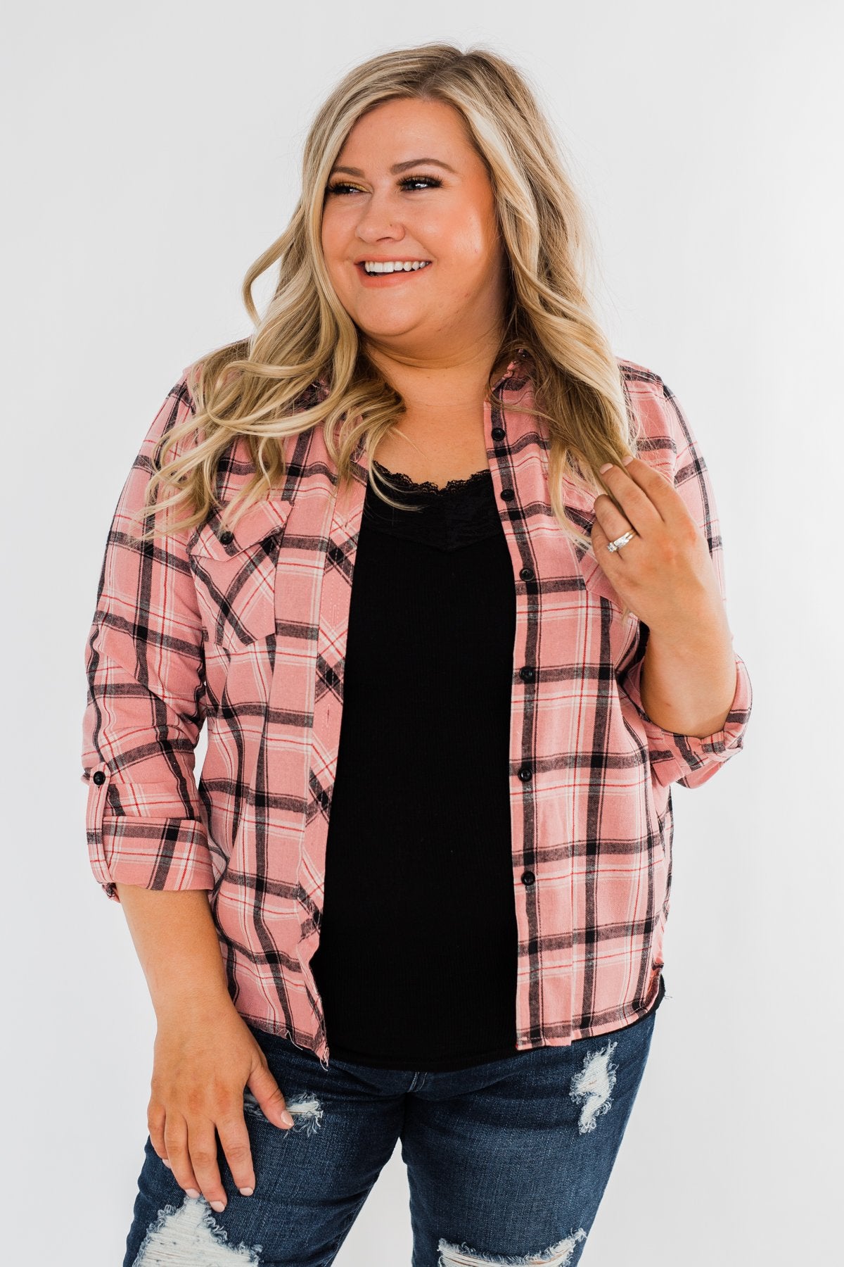 I've Been Told Long Sleeve Plaid Top- Light Pink