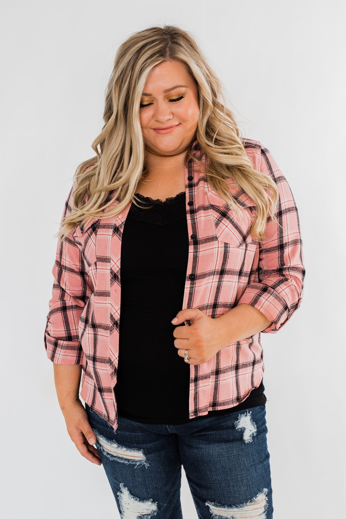 I've Been Told Long Sleeve Plaid Top- Light Pink