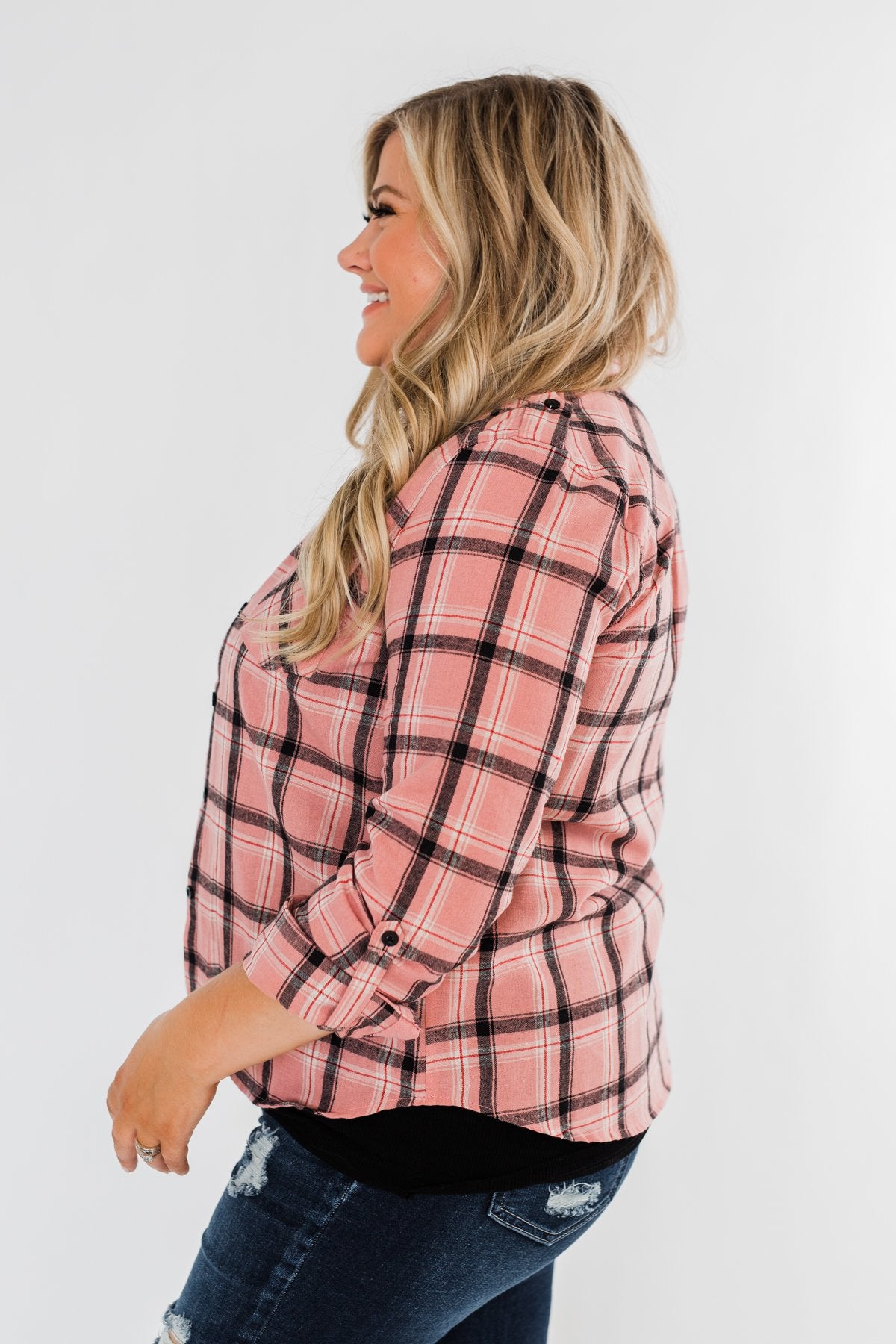 I've Been Told Long Sleeve Plaid Top- Light Pink
