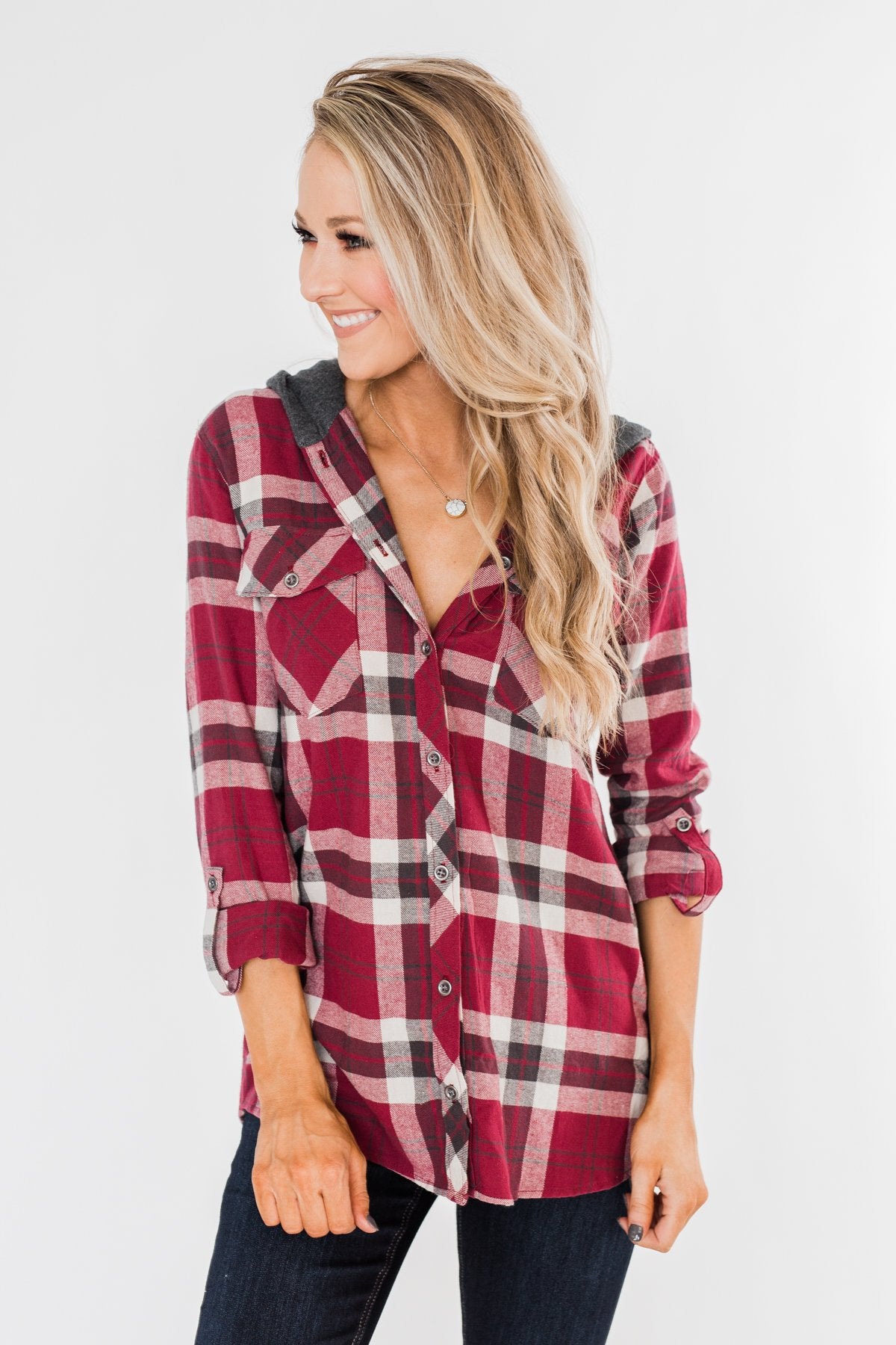 So Long To You Plaid Hooded Top- Dark Berry