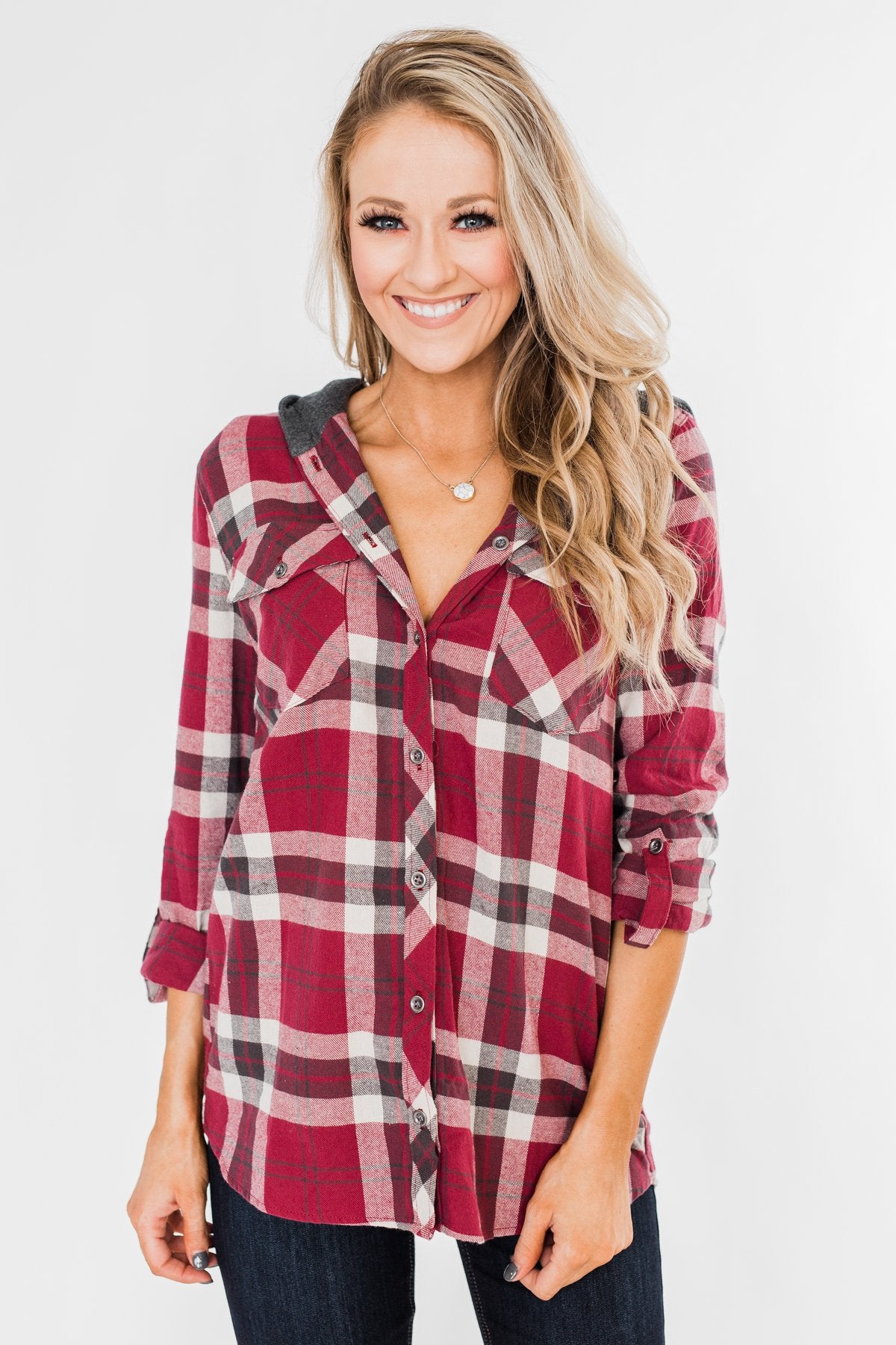 So Long To You Plaid Hooded Top- Dark Berry