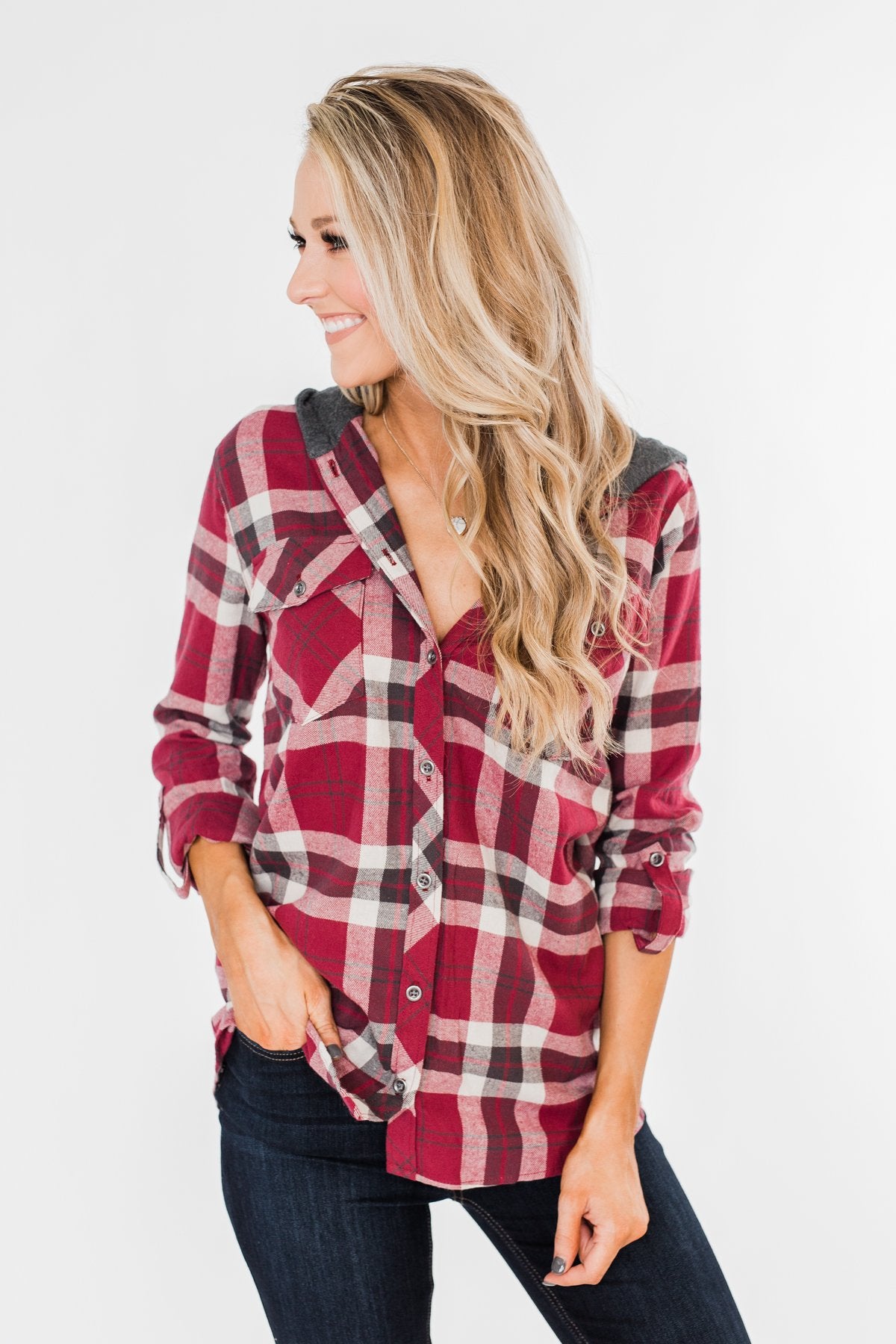 So Long To You Plaid Hooded Top- Dark Berry
