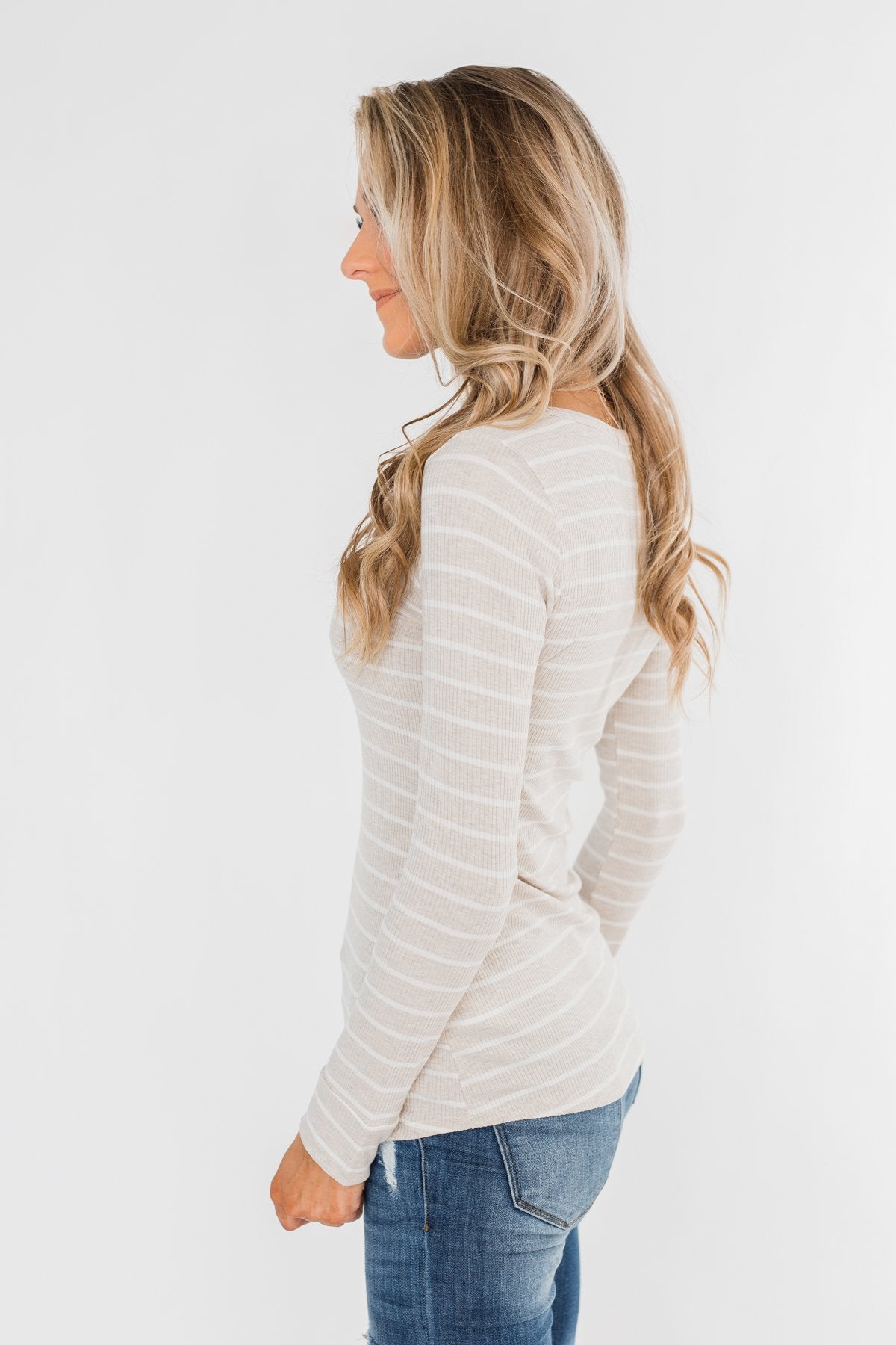 Essential 5-Button Henley Top- Heathered Oatmeal & Ivory