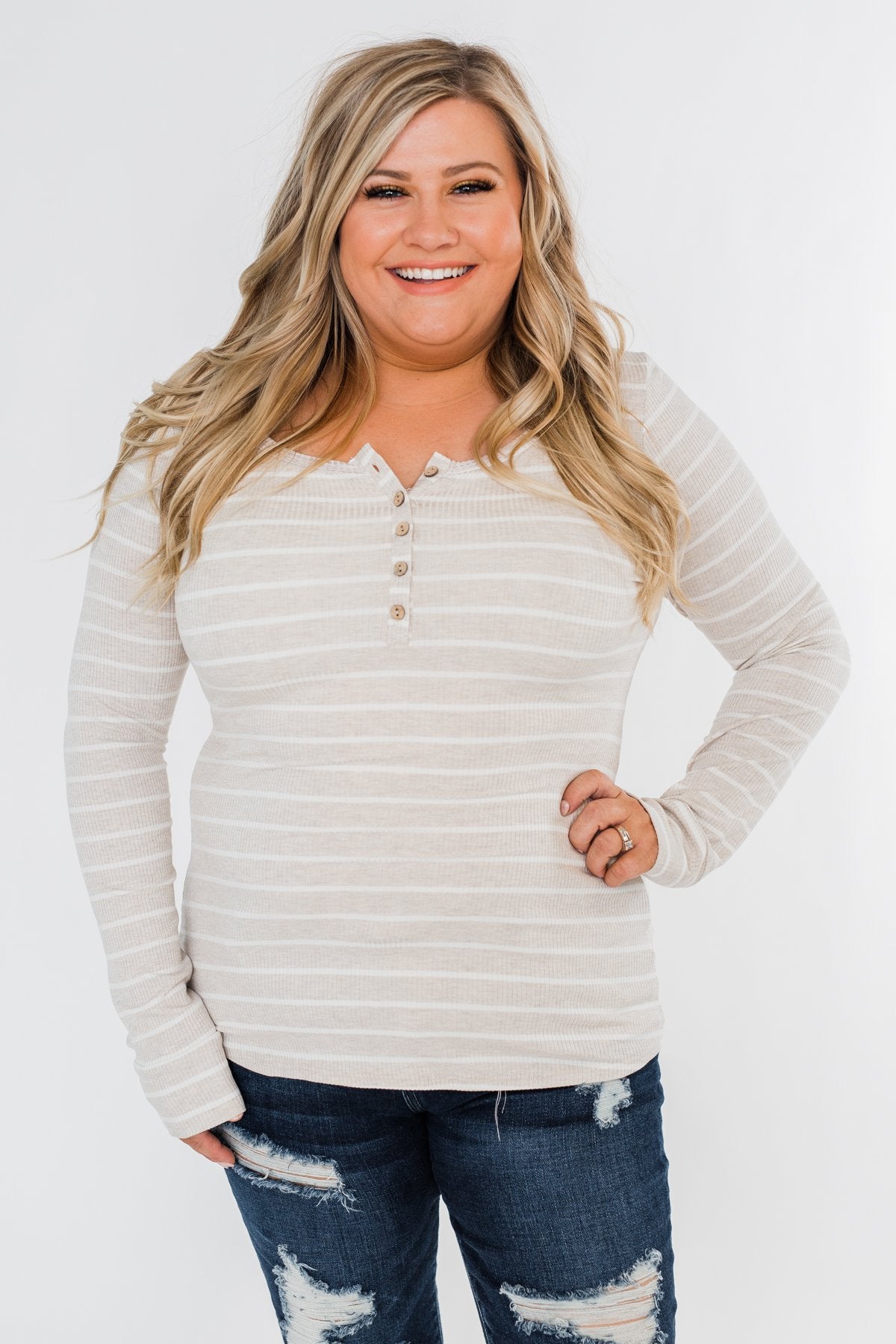 Essential 5-Button Henley Top- Heathered Oatmeal & Ivory