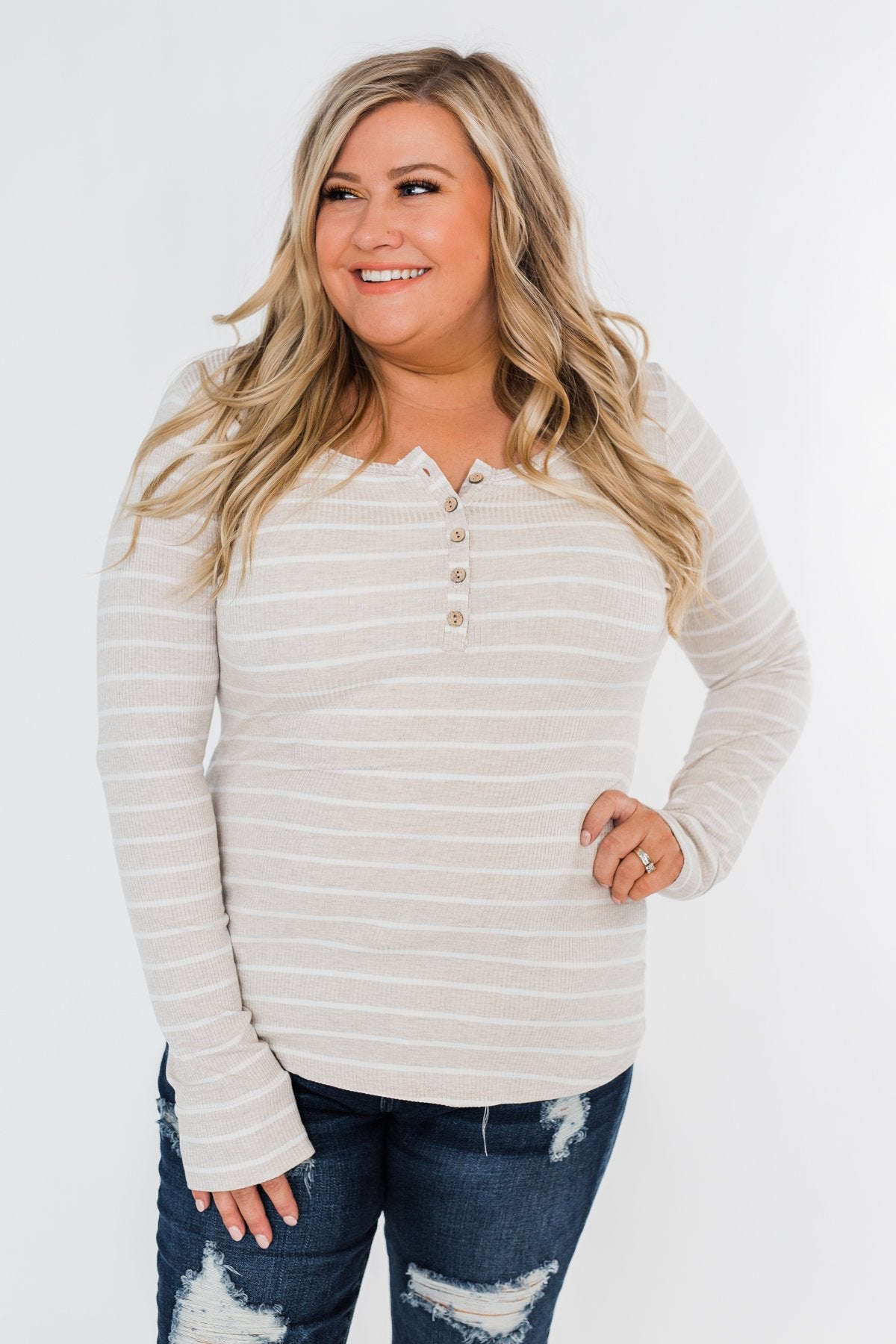 Essential 5-Button Henley Top- Heathered Oatmeal & Ivory
