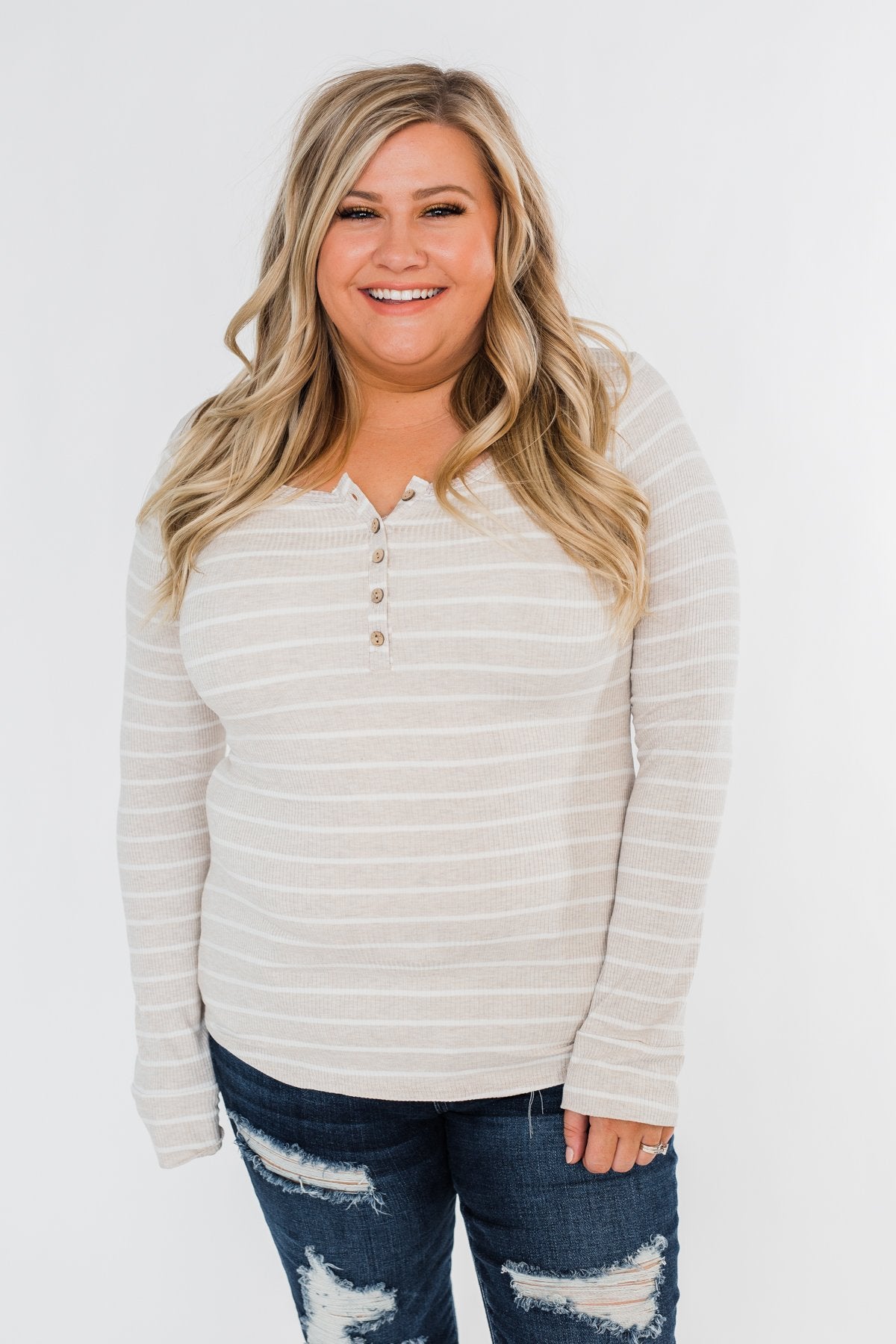 Essential 5-Button Henley Top- Heathered Oatmeal & Ivory
