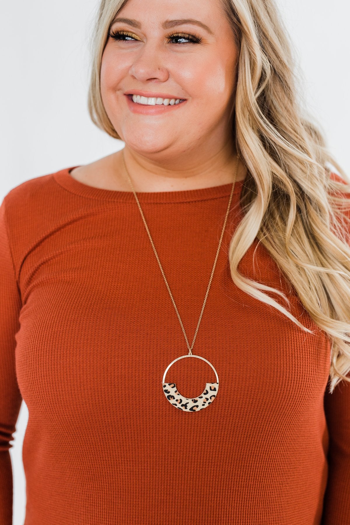 Long Animal Print Circle Gold Necklace- Leopard