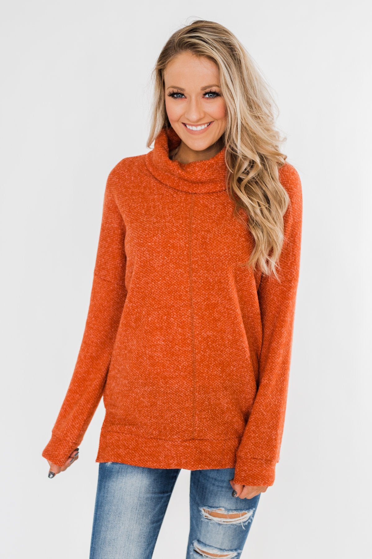Thinking About You Cowl Neck Sweater- Burnt Orange – The Pulse