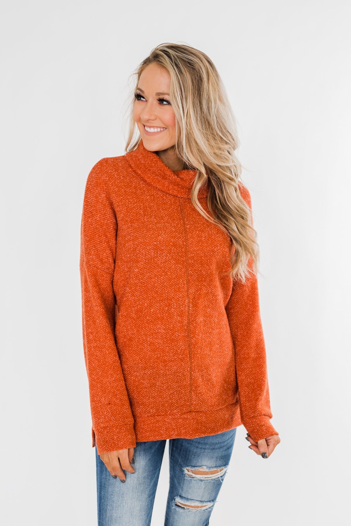 Thinking About You Cowl Neck Sweater- Burnt Orange