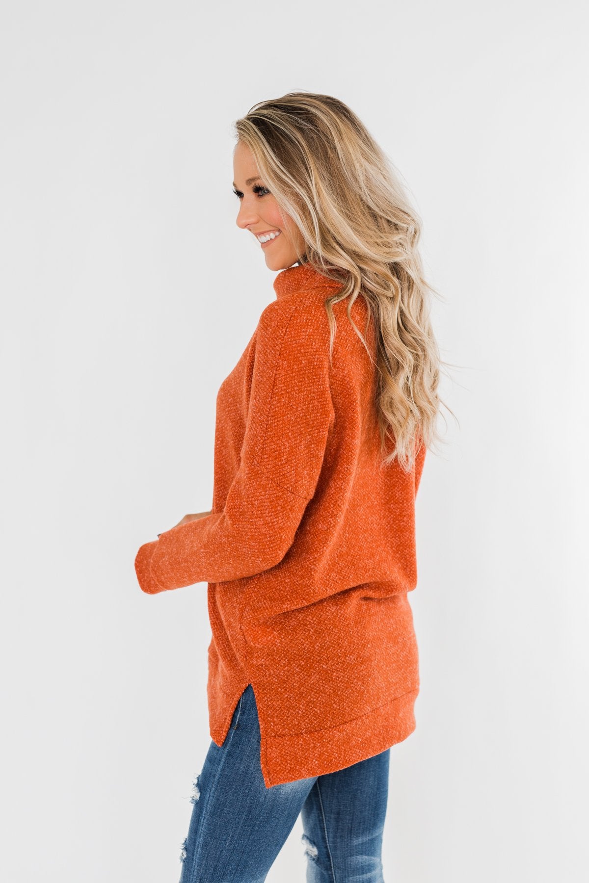 Thinking About You Cowl Neck Sweater- Burnt Orange