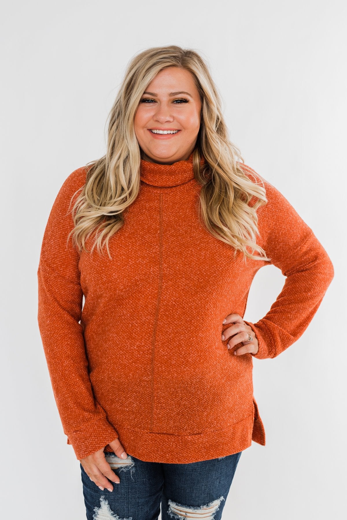 Thinking About You Cowl Neck Sweater- Burnt Orange