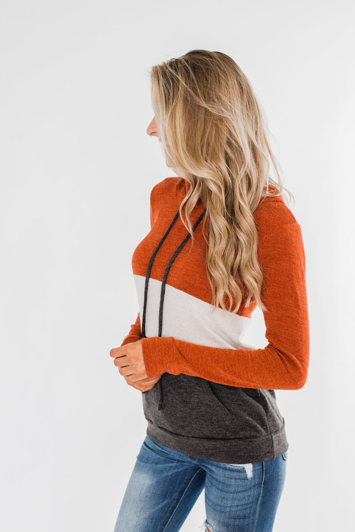 Make Me Smile Color Block Hoodie- Burnt Orange & Charcoal